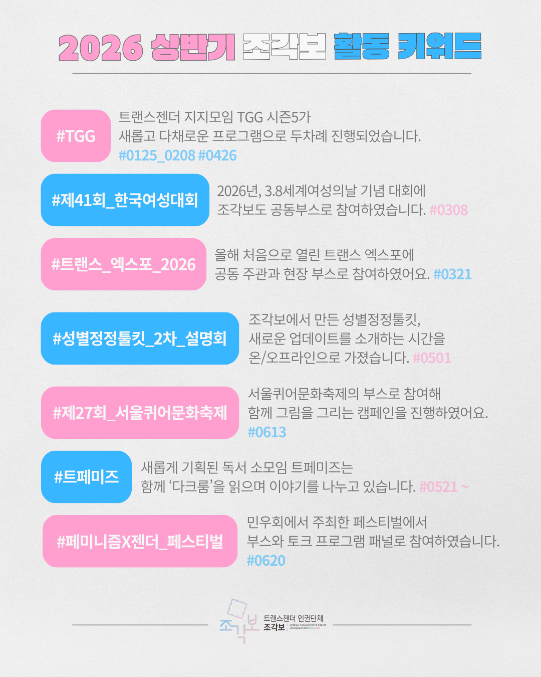 #TGG 트랜스젠더 지지모임 TGG 시즌5가 새롭고 다채로운 프로그램으로 두차례 진행되었습니다. #제41회한국여성대회 2026년, 3.8.세계여성의날 기념 대회에 조각보도 공동부스로 참여하였습니다. #트랜스엑스포2026 올해 처음으로 열린 트랜스엑스포에 공동 주관과 현장 부스로 참여하였어요. #성별정정툴킷2차설명회 조각보에서 만든 성별정정툴킷, 새로운 업데이트를 소개하는 시간을 온/오프라인으로 가졌습니다. #제27회서울퀴어문화축제 서울퀴어문화축제의 부스로 참여해 함께 그림을 그리는 캠페인을 진행하였어요. #트페미즈 새롭게 기획된 독서 소모임 트페미즈는 함께 '다크룸'을 읽으며 이야기를 나누고 있습니다. #페미니즘X젠더페스티벌 민우회에서 주최한 페스티벌에서 부스와 토크 프로그램 패널로 참여하였습니다.