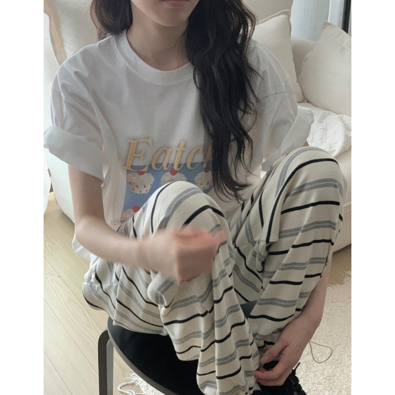 컵케이크 포토 나염 반팔 루즈핏 박스티