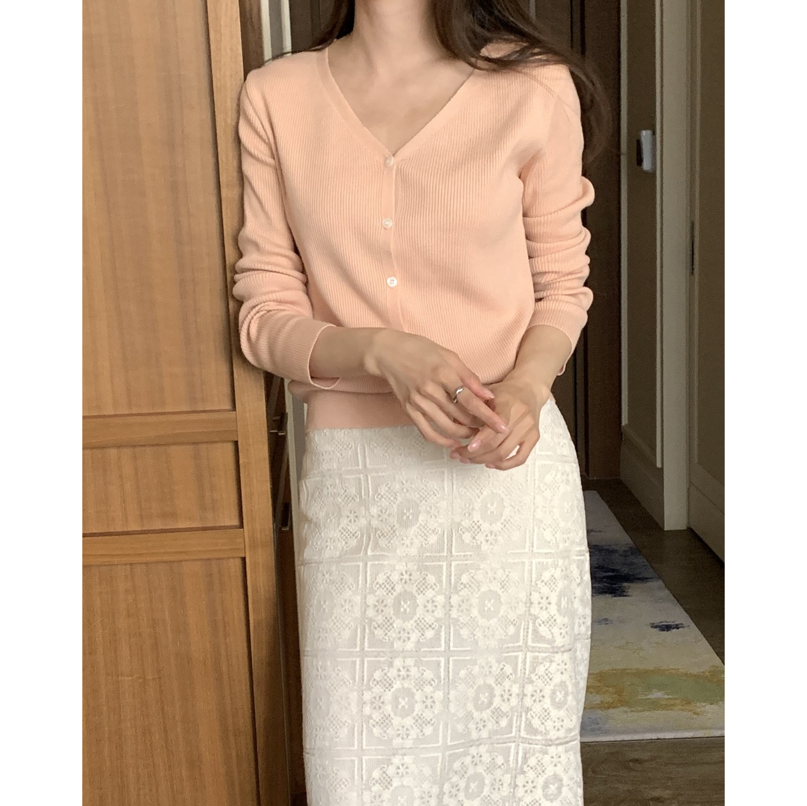 스퀘어 레이스 자수 에이치 라인 롱스커트