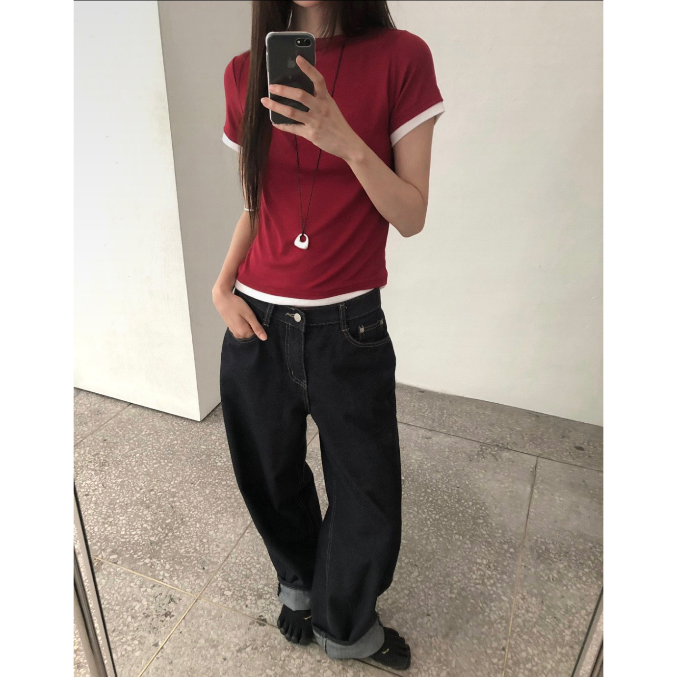 블랏 레이어드 스타일 배색 슬림핏 반팔 스판 티셔츠