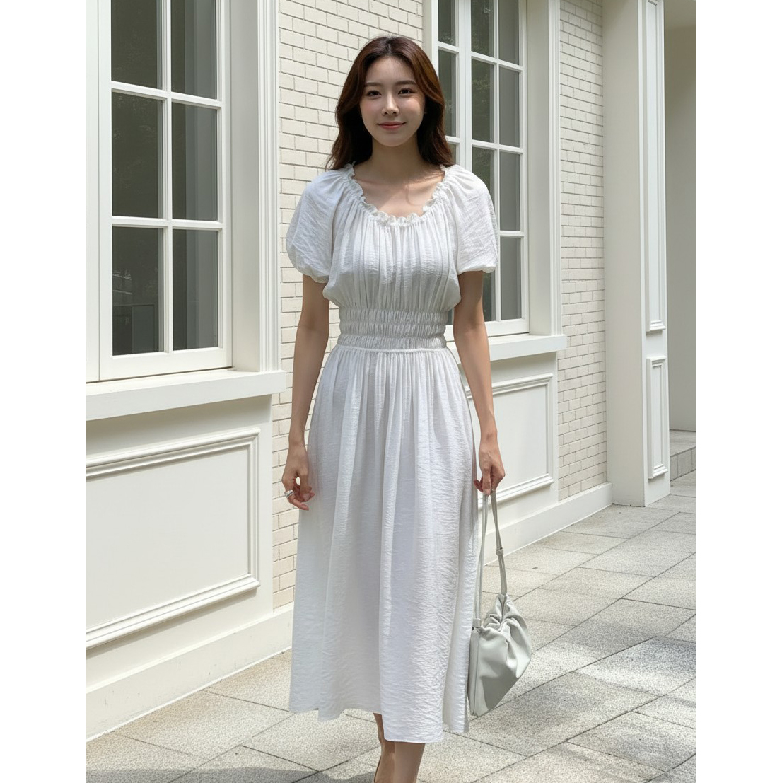 로잘린 허리 스모킹 오프숄더 롱원피스