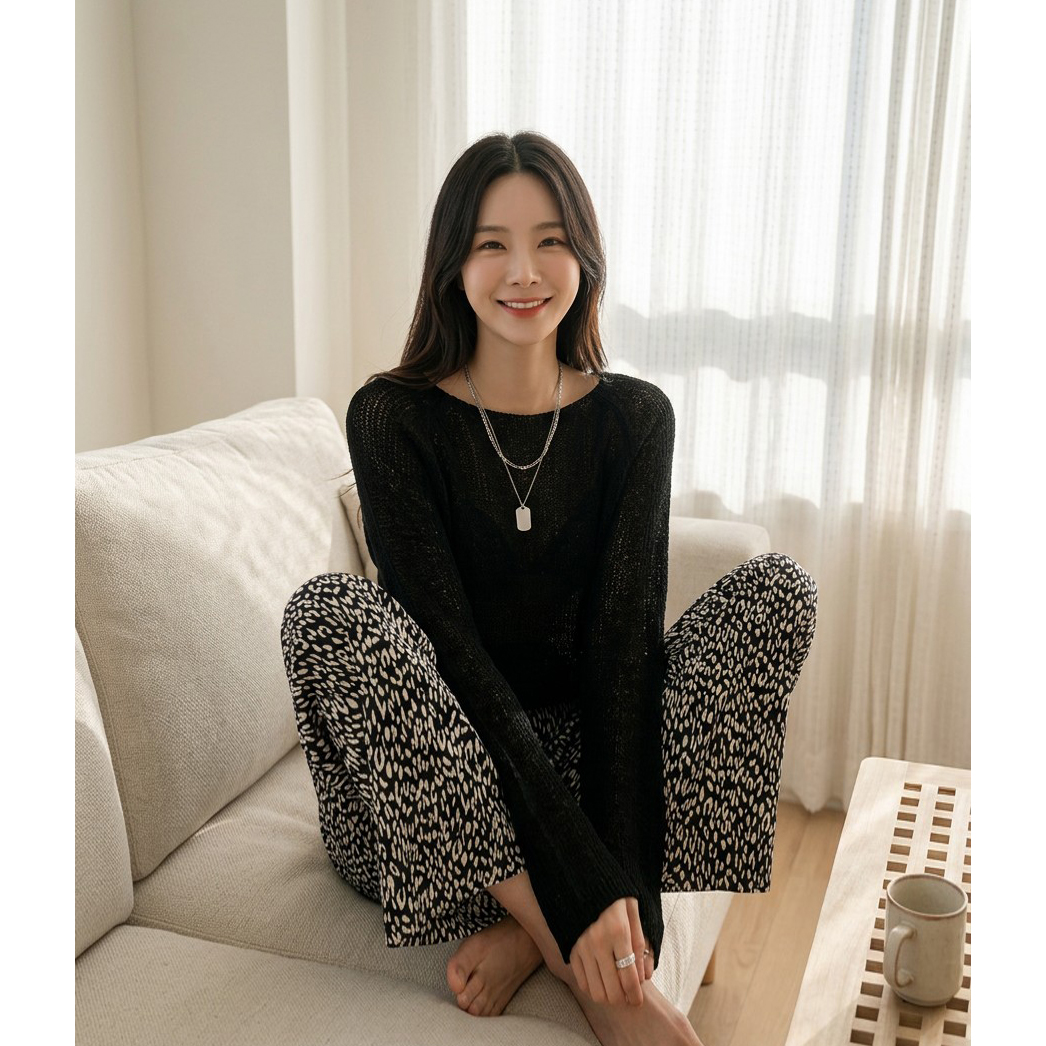 레오파드 플리츠 밴딩 호피 와이드 통바지