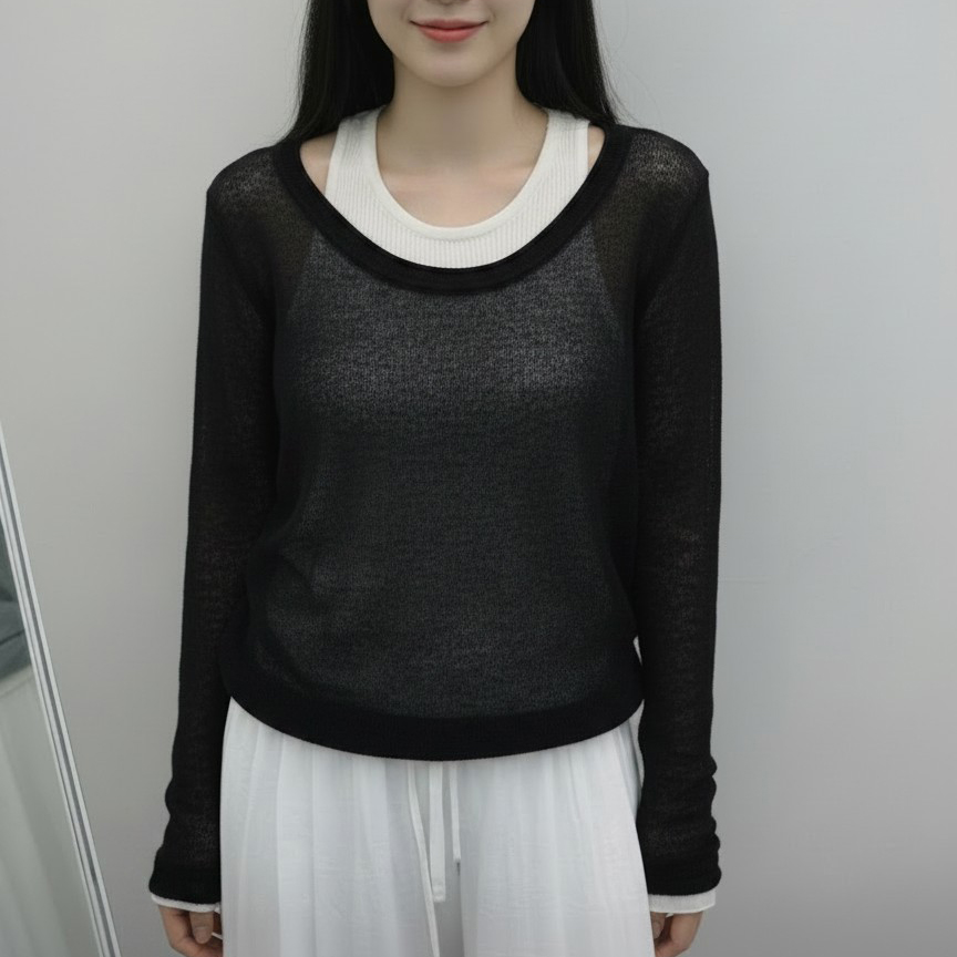 포이 홀터넥 레이어드 긴팔 니트