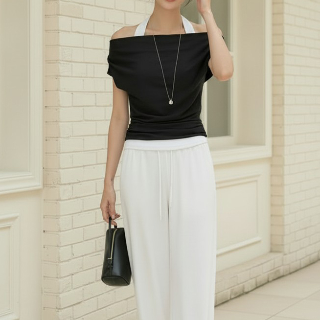 모리 홀터 나시 레이어드 셔링 오프숄더 티셔츠