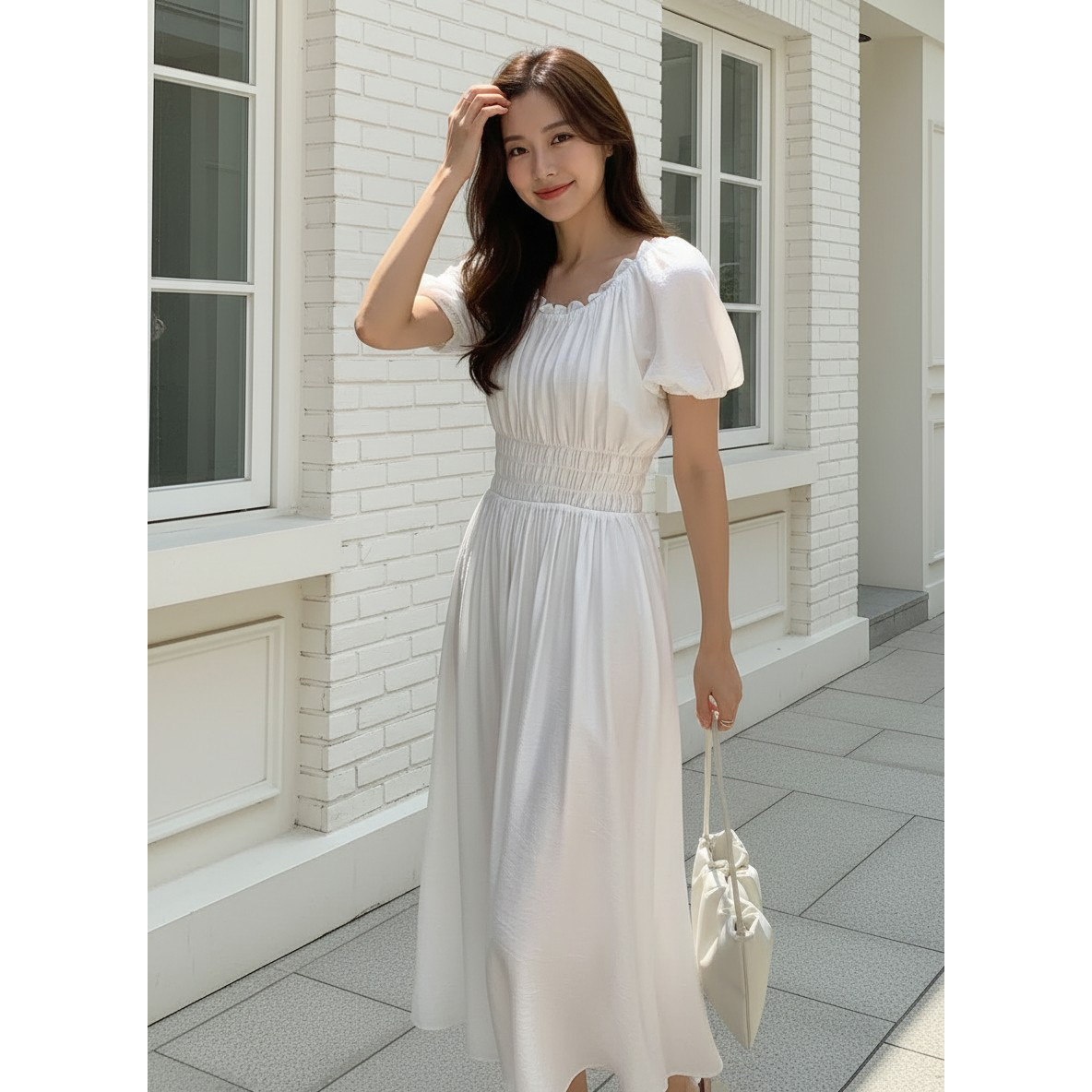 로잘린 허리 스모킹 오프숄더 롱원피스