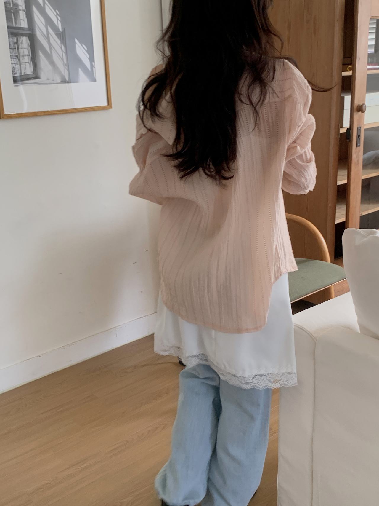 포모 여름 긴팔 시스루 펀칭 루즈핏 셔츠 살안타템