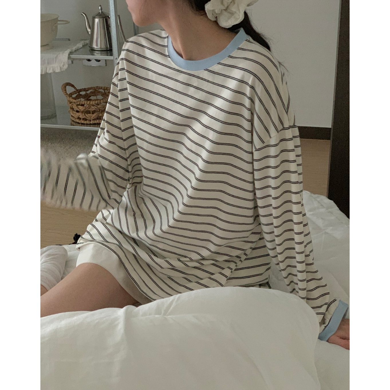 캐주얼 배색 단가라 루즈핏 박스티