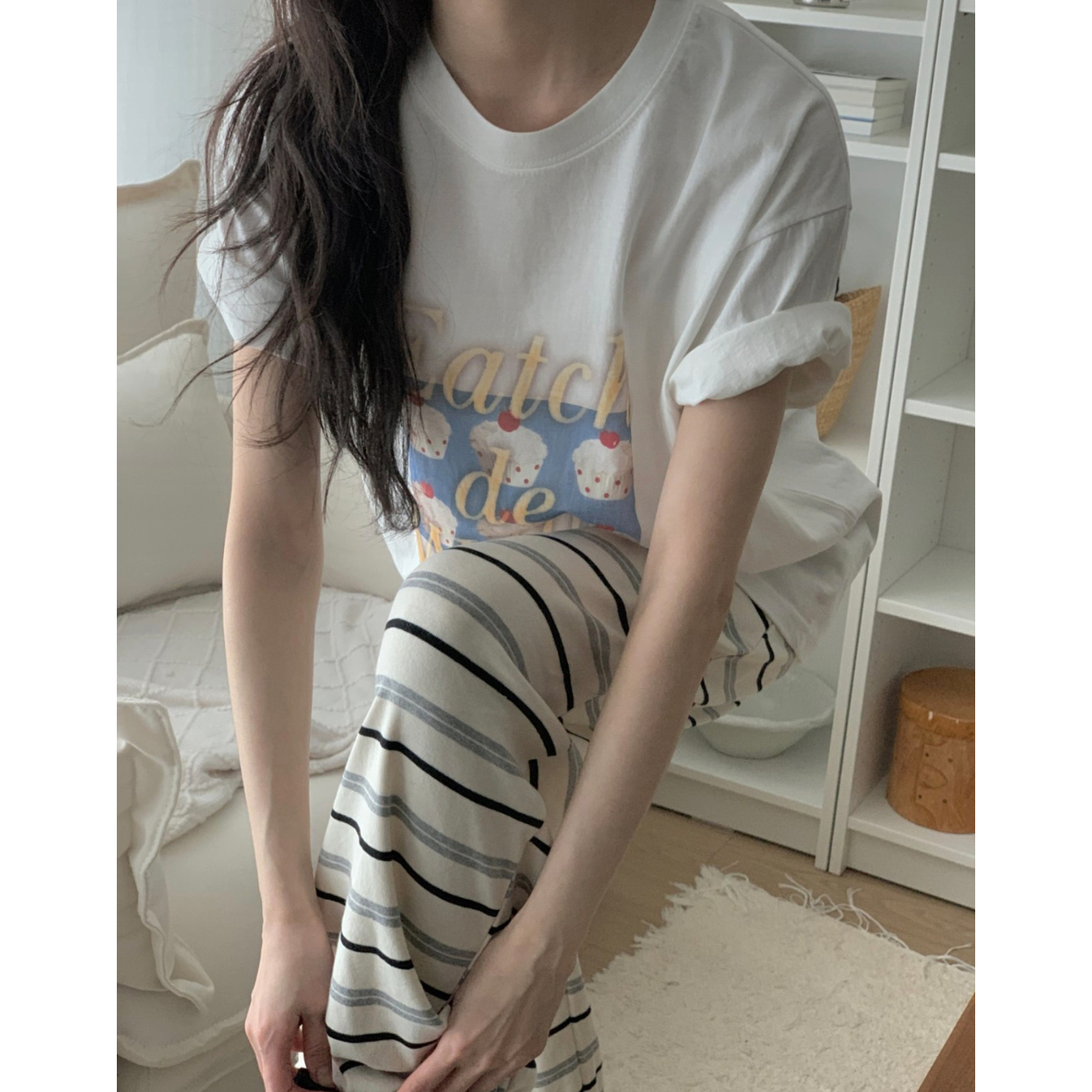 컵케이크 포토 나염 반팔 루즈핏 박스티