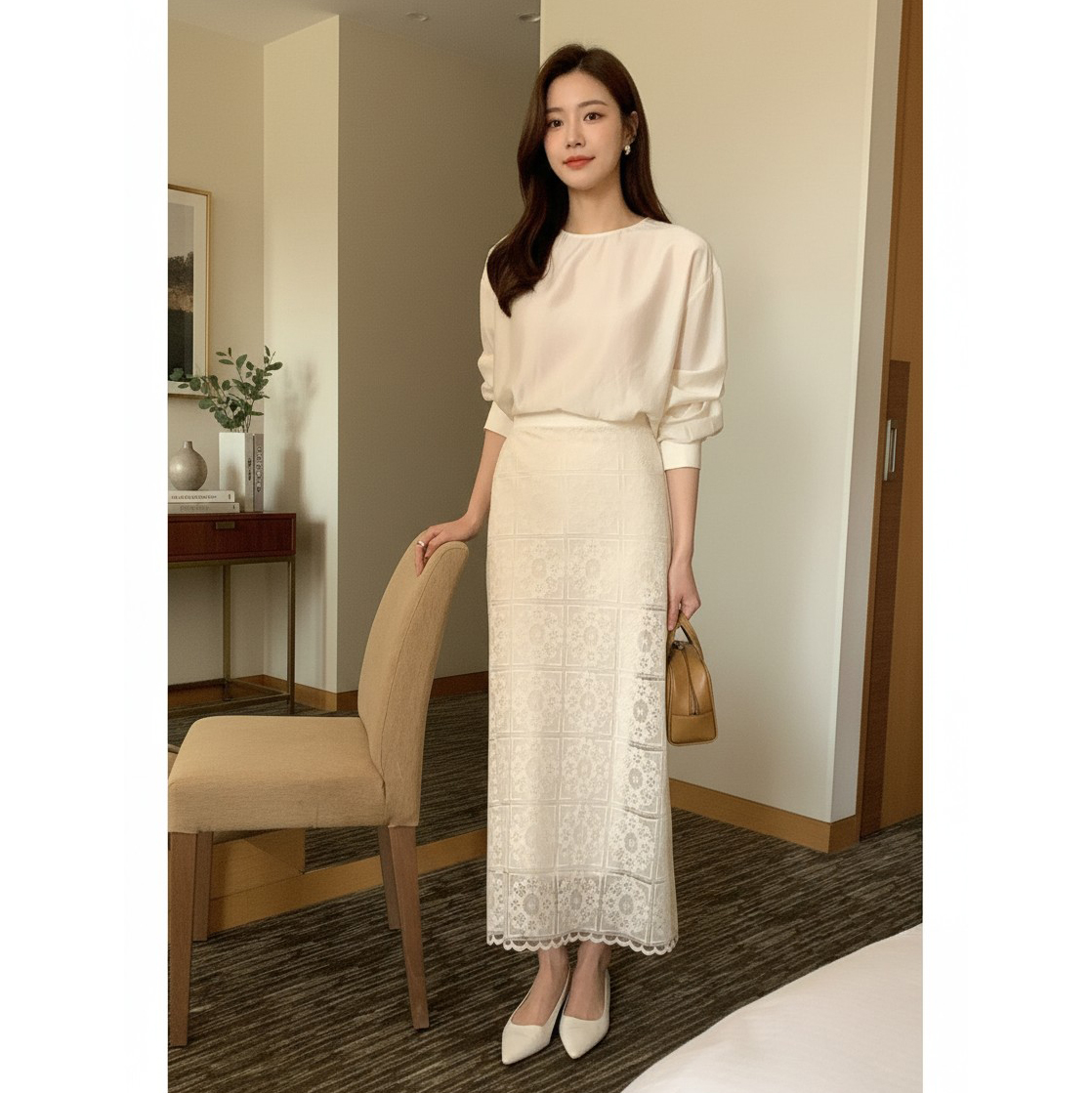 네모 자수 레이스 에이치 라인 롱스커트