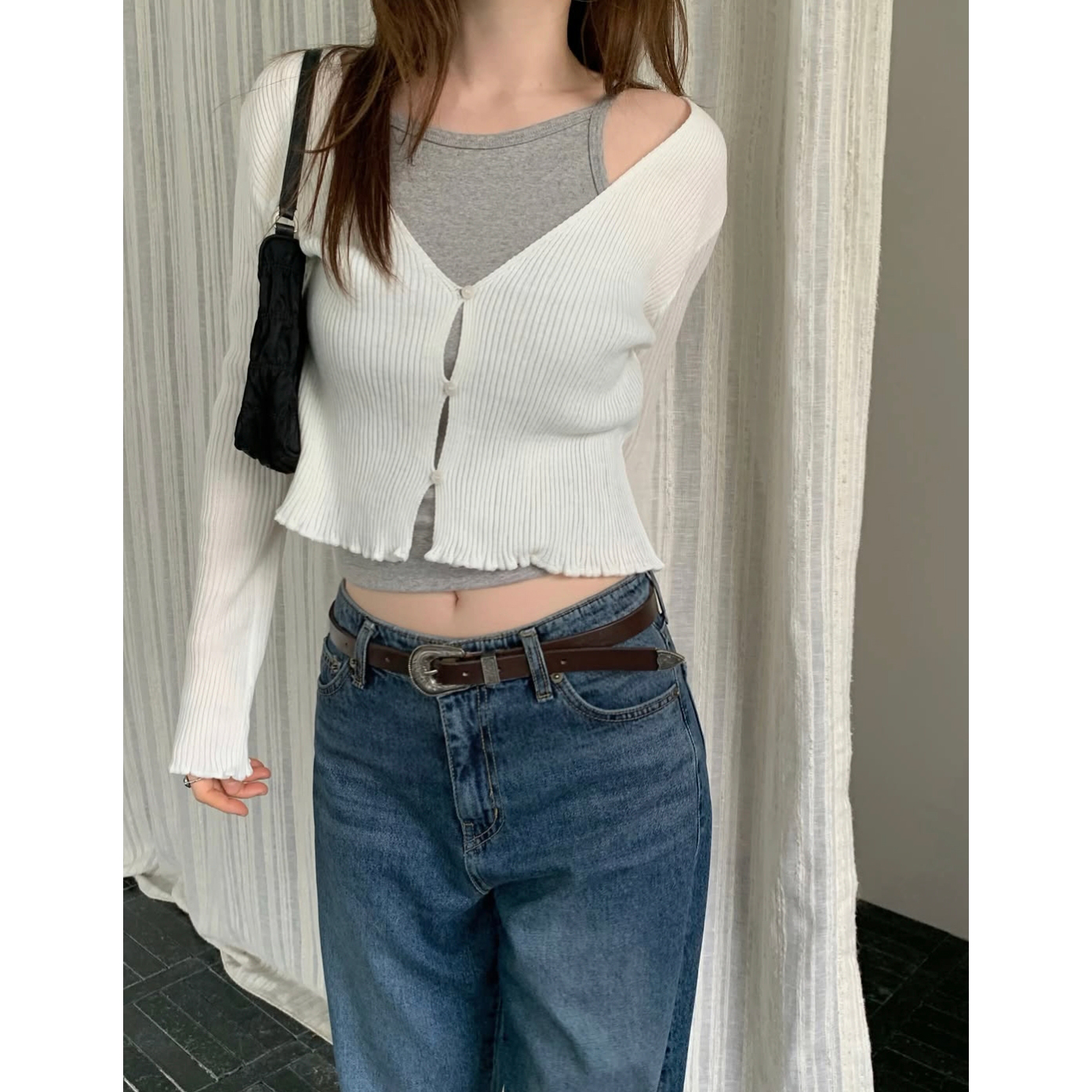 26FW 골지 레이어드 프릴 크롭 가디건