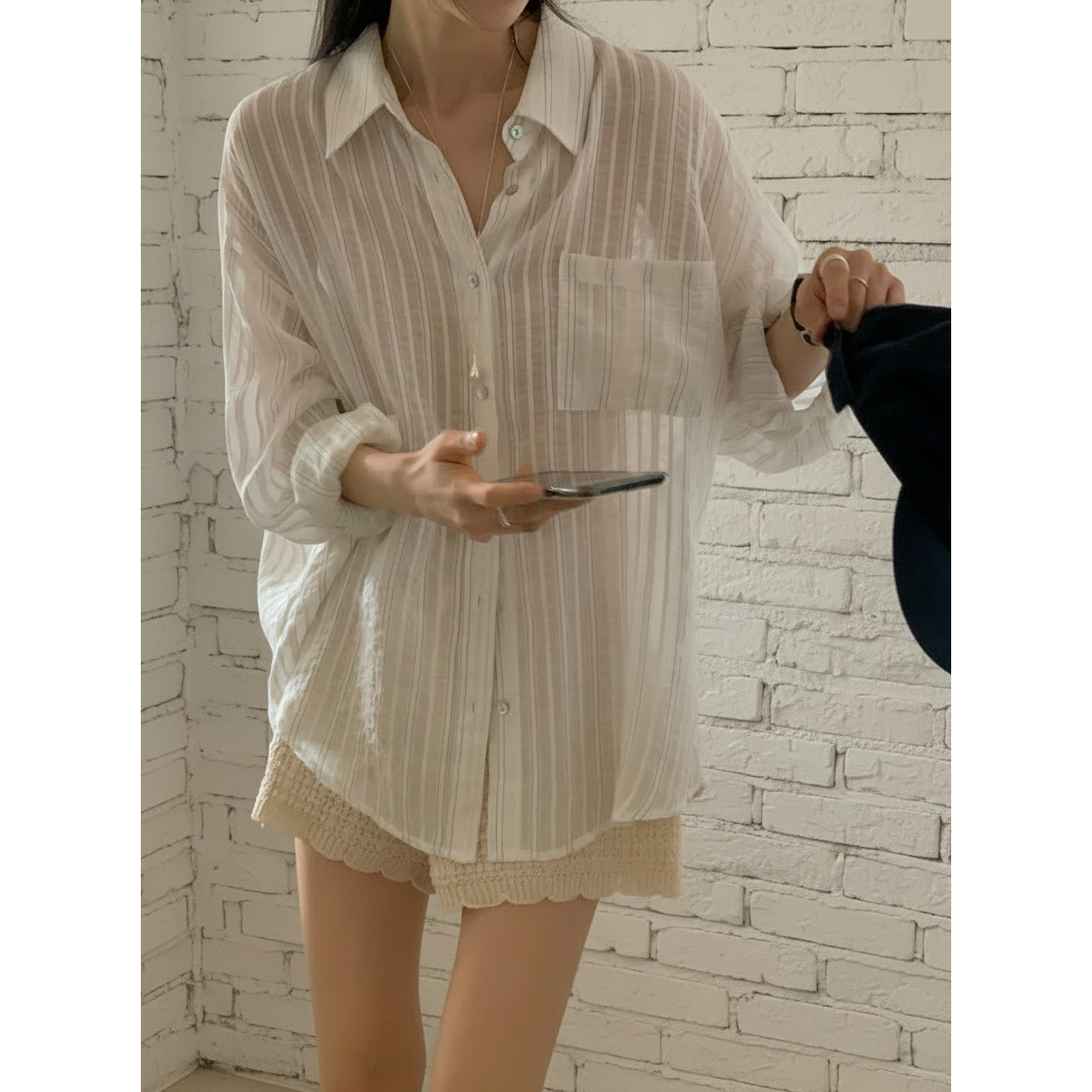 리피 여름 긴팔 스트라이프 시스루 셔츠 남방 살안타템
