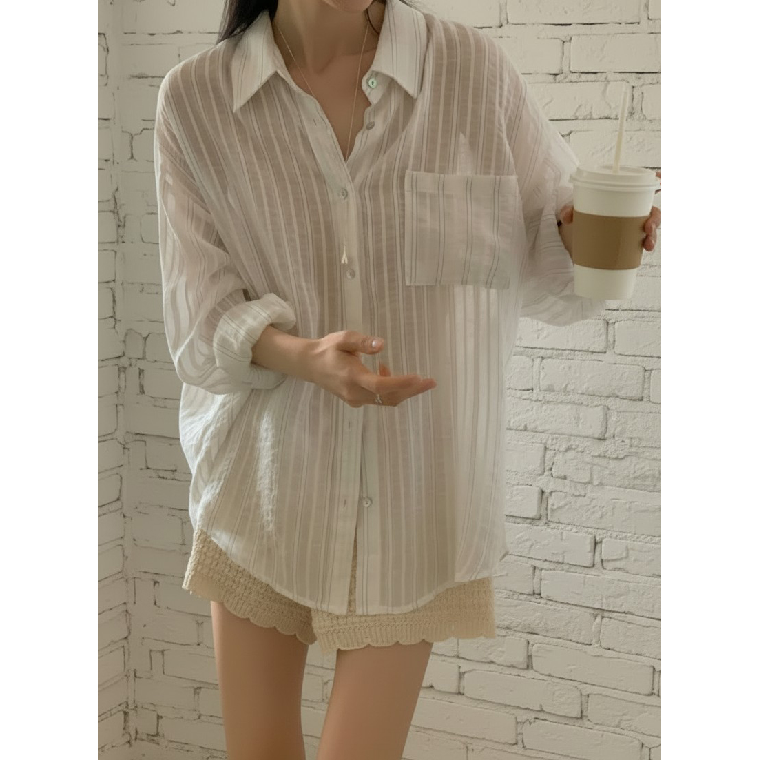 리피 여름 긴팔 스트라이프 시스루 셔츠 남방 살안타템