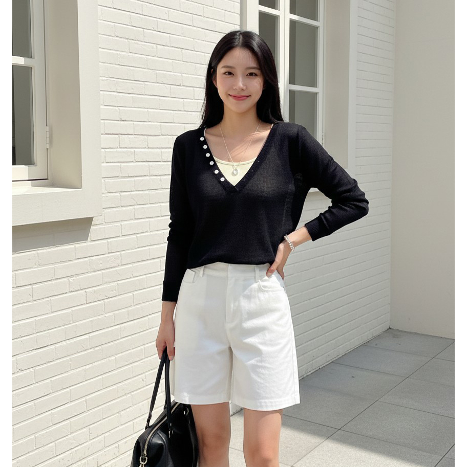 버튼 딥브이넥 긴팔 가디건