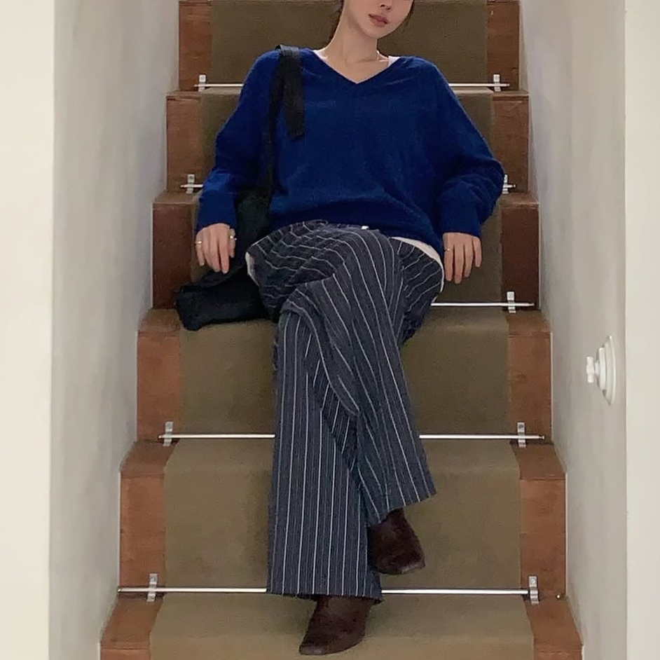 배색 루즈핏 일자 와이드 팬츠 3컬러 스트라이프 허리 밴딩 봄신상 바지 개강룩 레이어드룩 상세 이미지 12