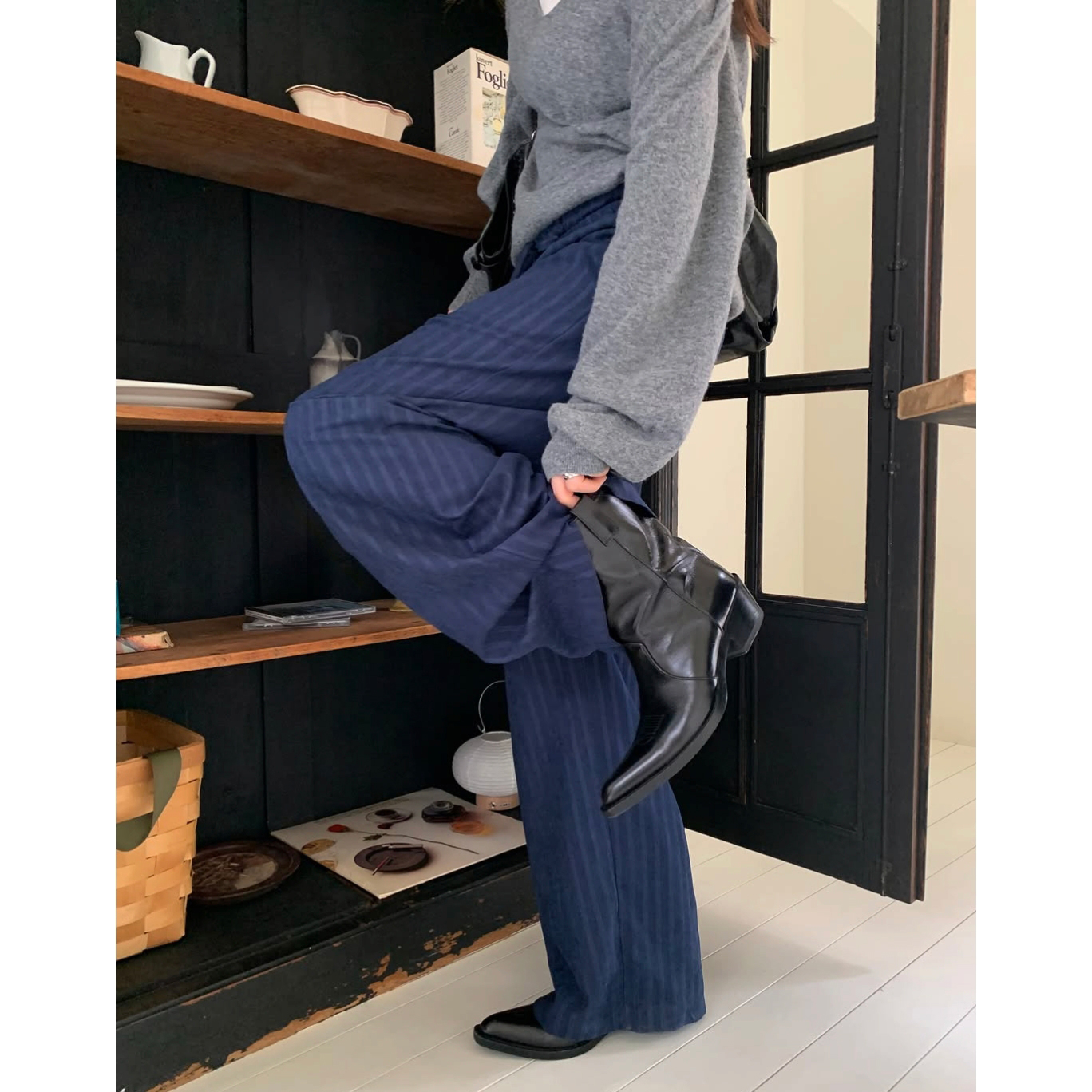 페루 헤링본 스트라이프 와이드 팬츠