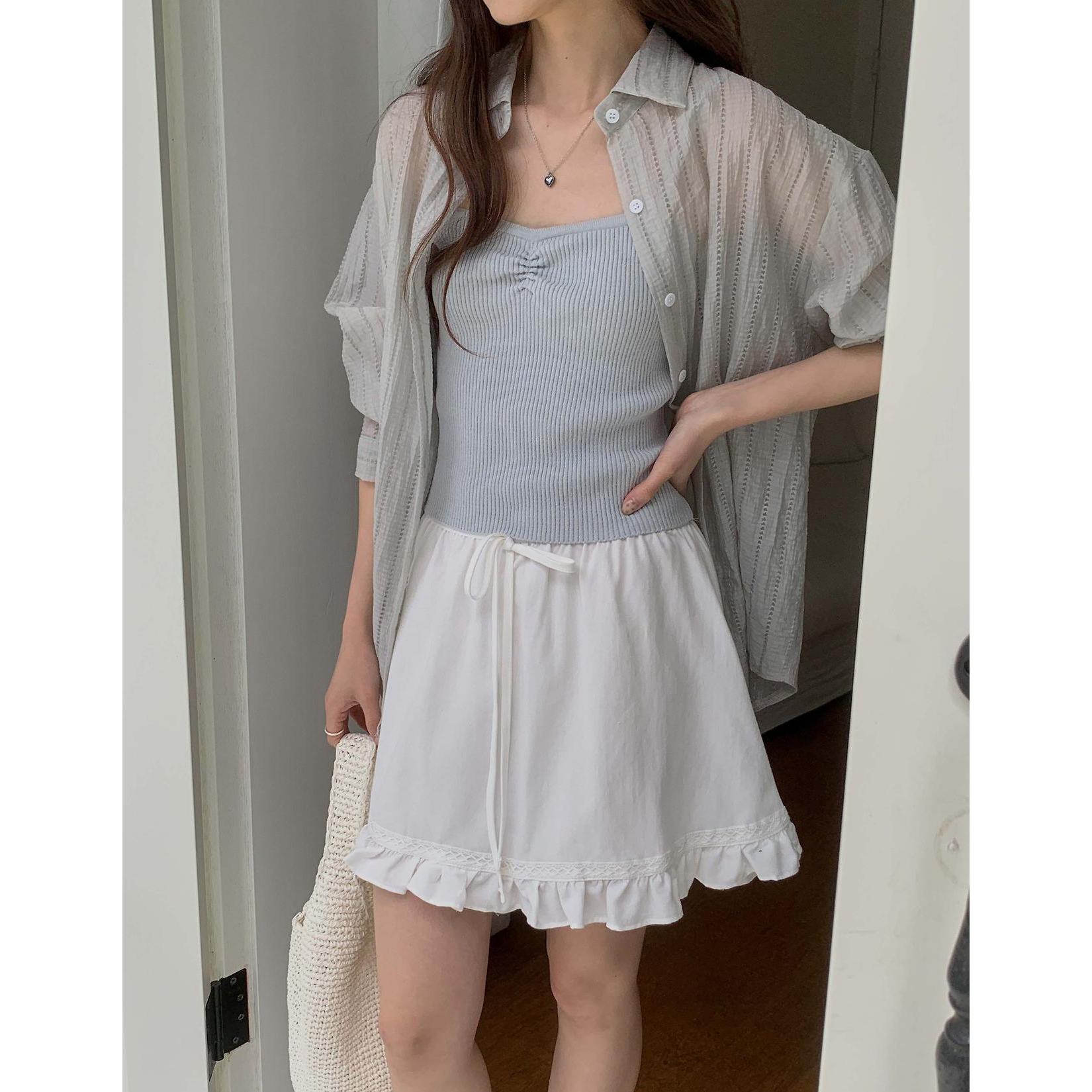 포모 여름 긴팔 시스루 펀칭 루즈핏 셔츠 살안타템