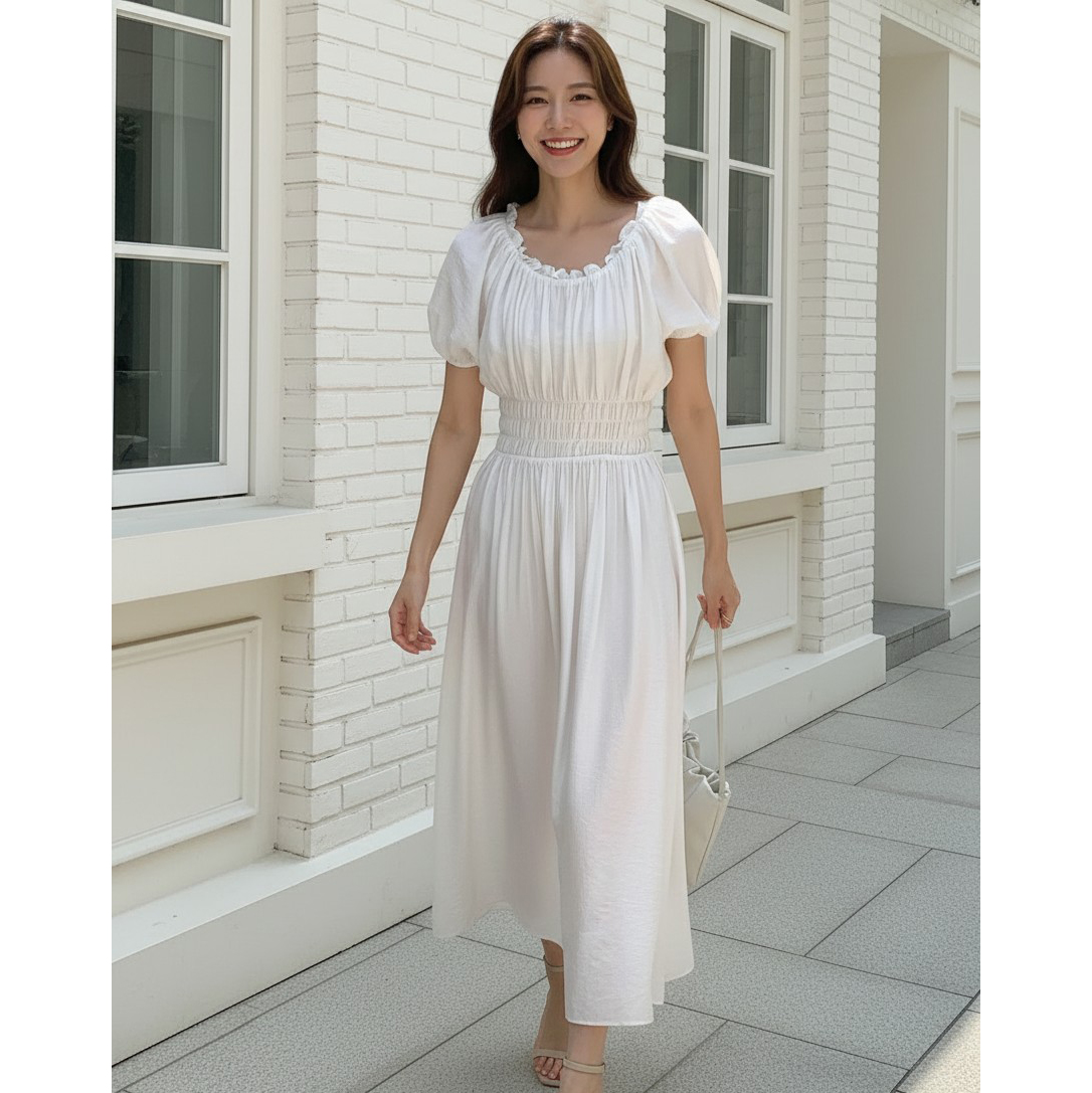 로잘린 허리 스모킹 오프숄더 롱원피스