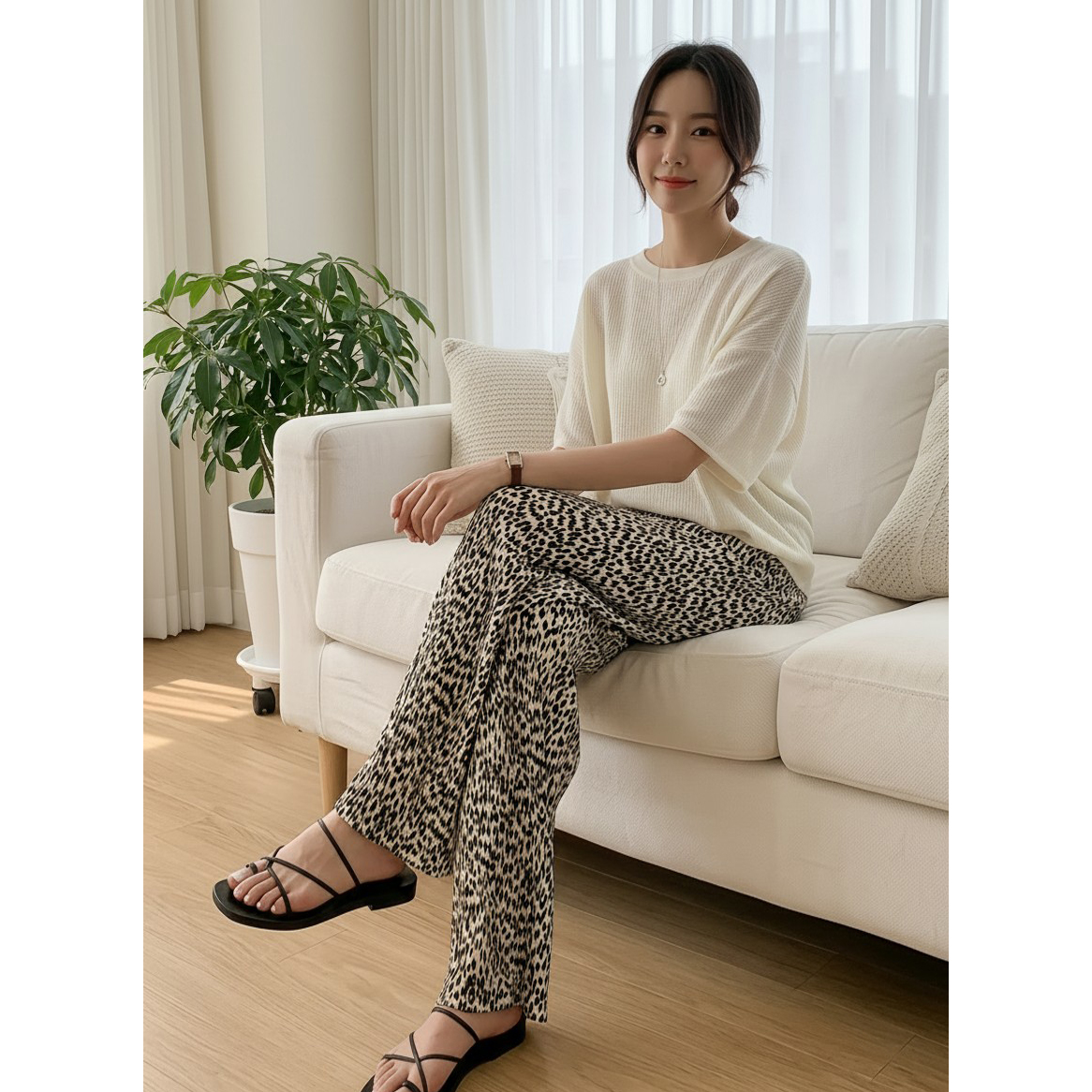 레오파드 플리츠 밴딩 호피 와이드 통바지
