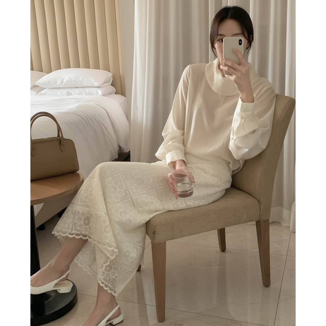 네모 자수 레이스 에이치 라인 롱스커트