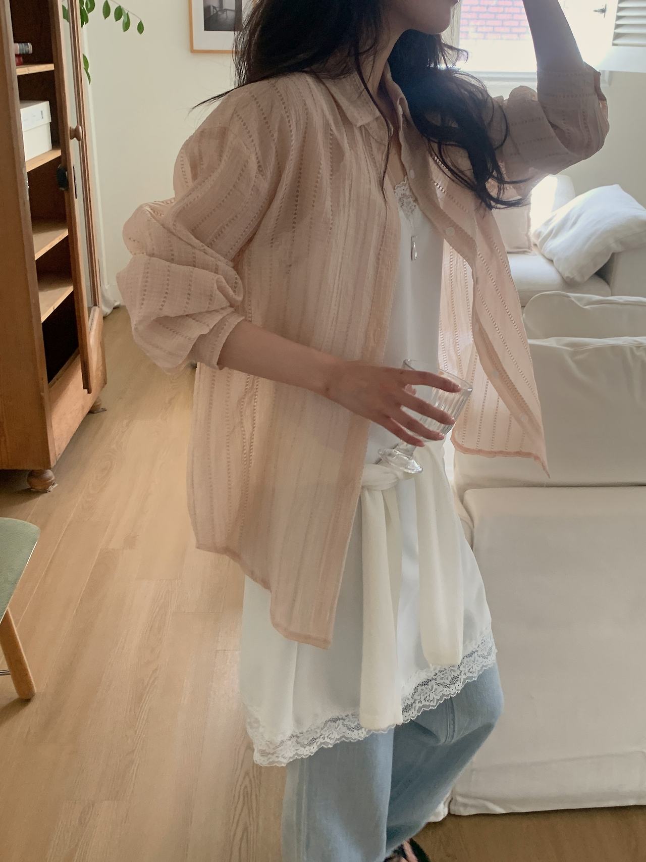 포모 여름 긴팔 시스루 펀칭 루즈핏 셔츠 살안타템