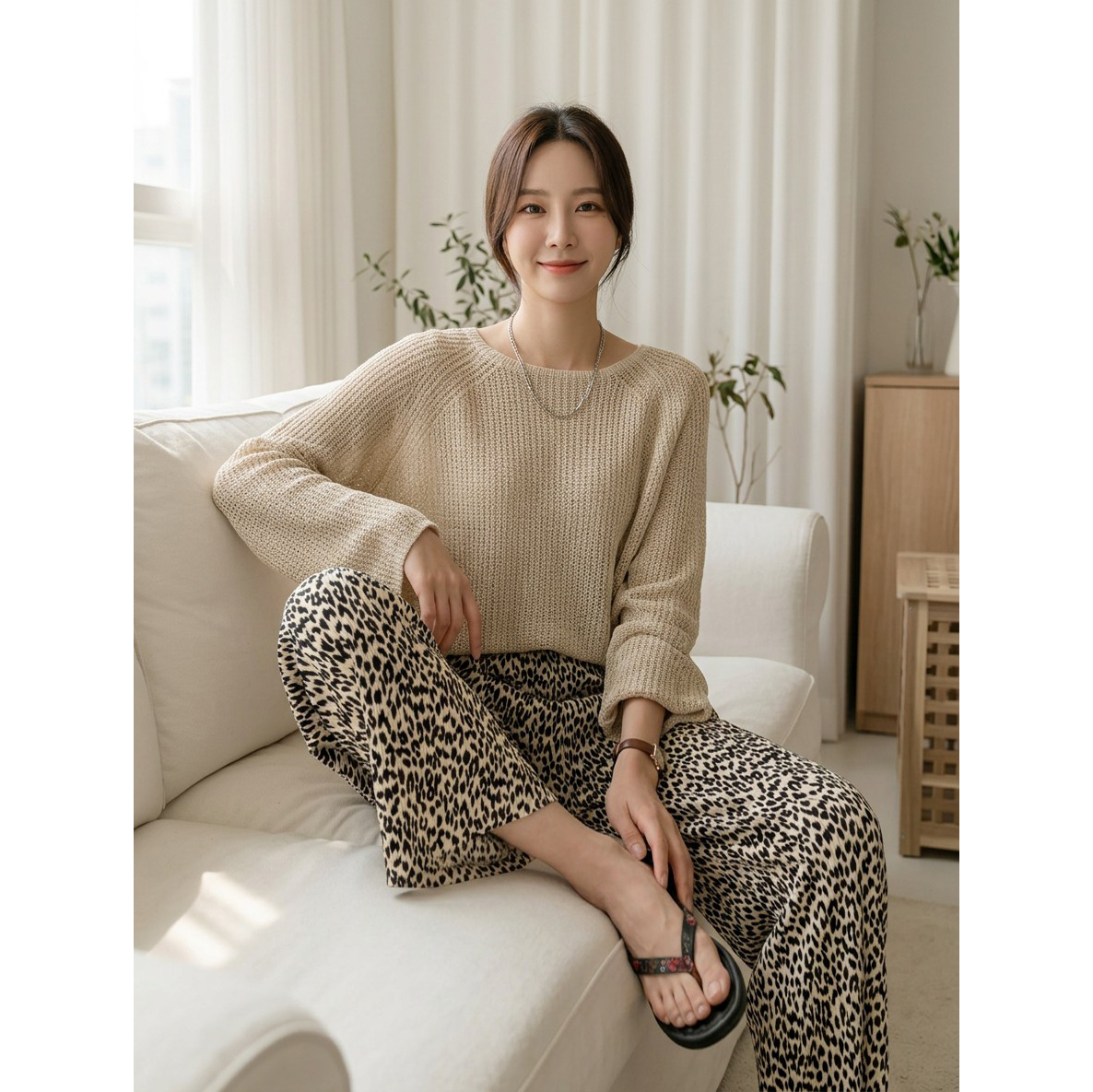 레오파드 플리츠 밴딩 호피 와이드 통바지