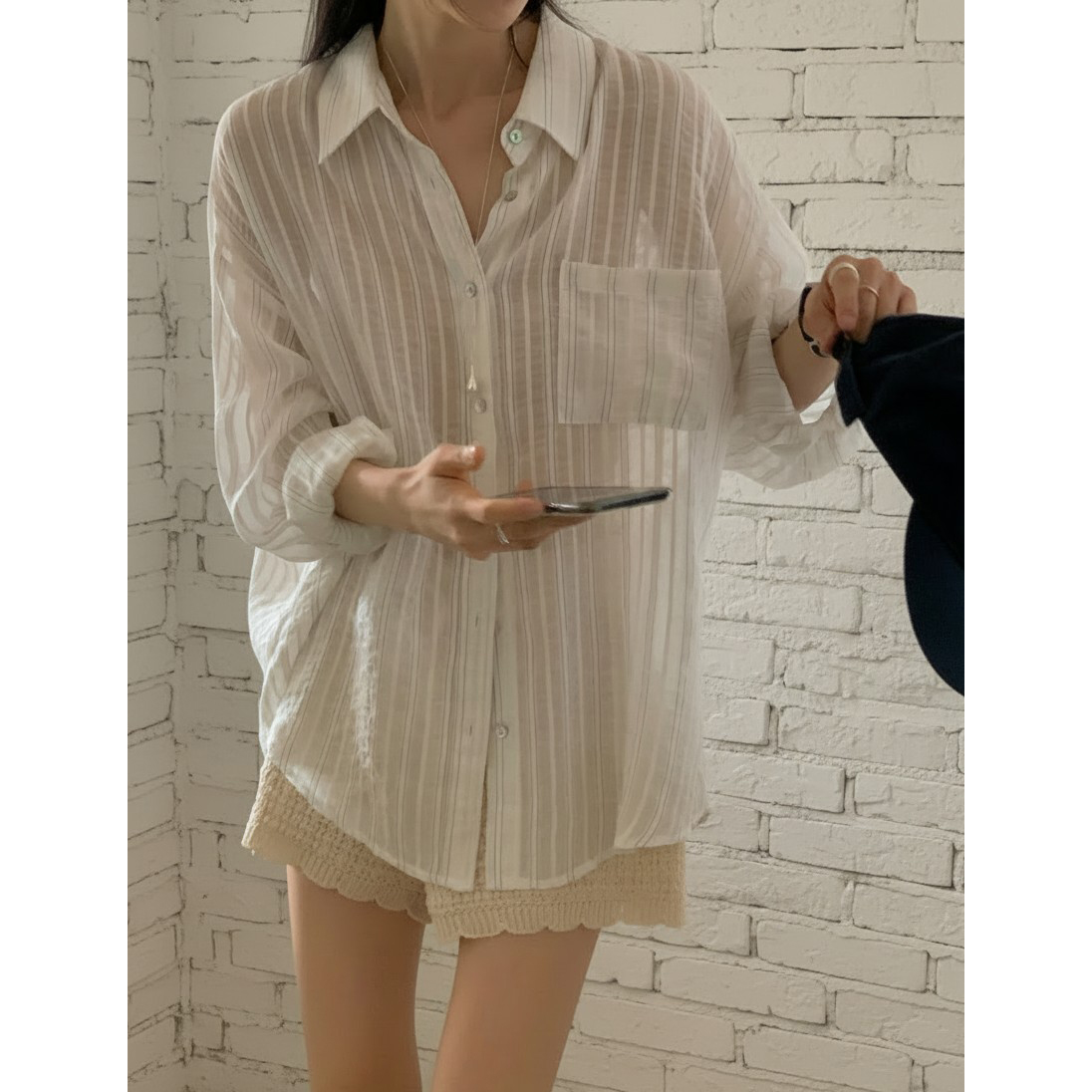 리피 여름 긴팔 스트라이프 시스루 셔츠 남방 살안타템