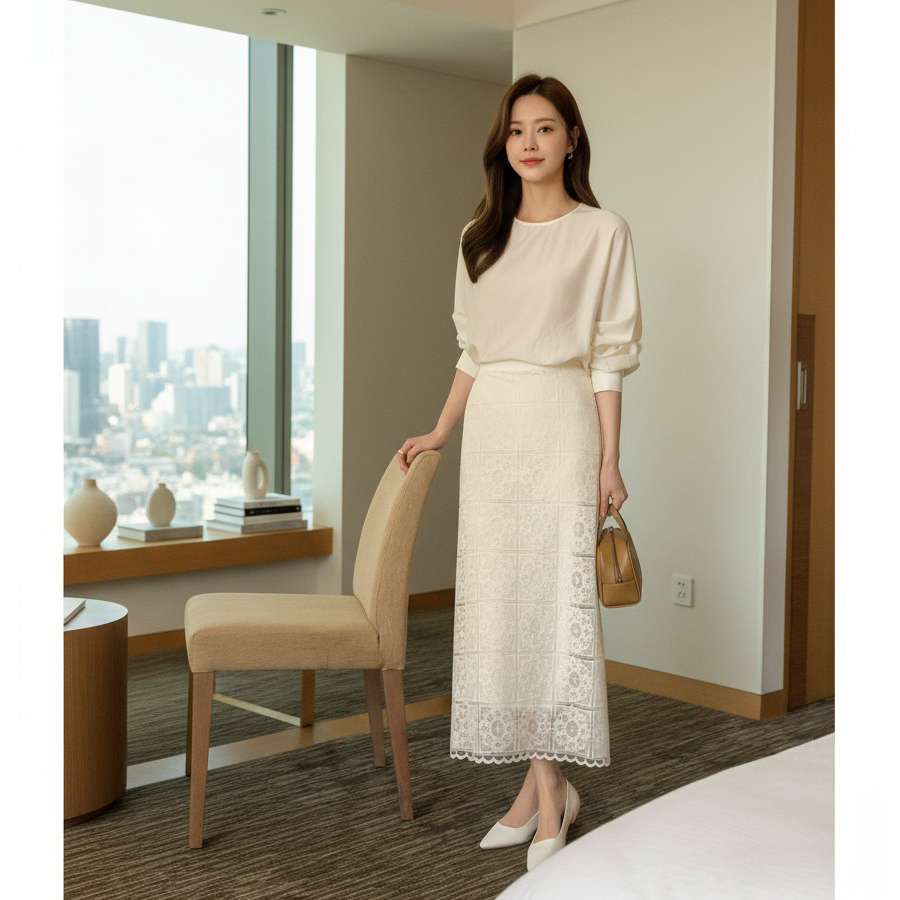 네모 자수 레이스 에이치 라인 롱스커트