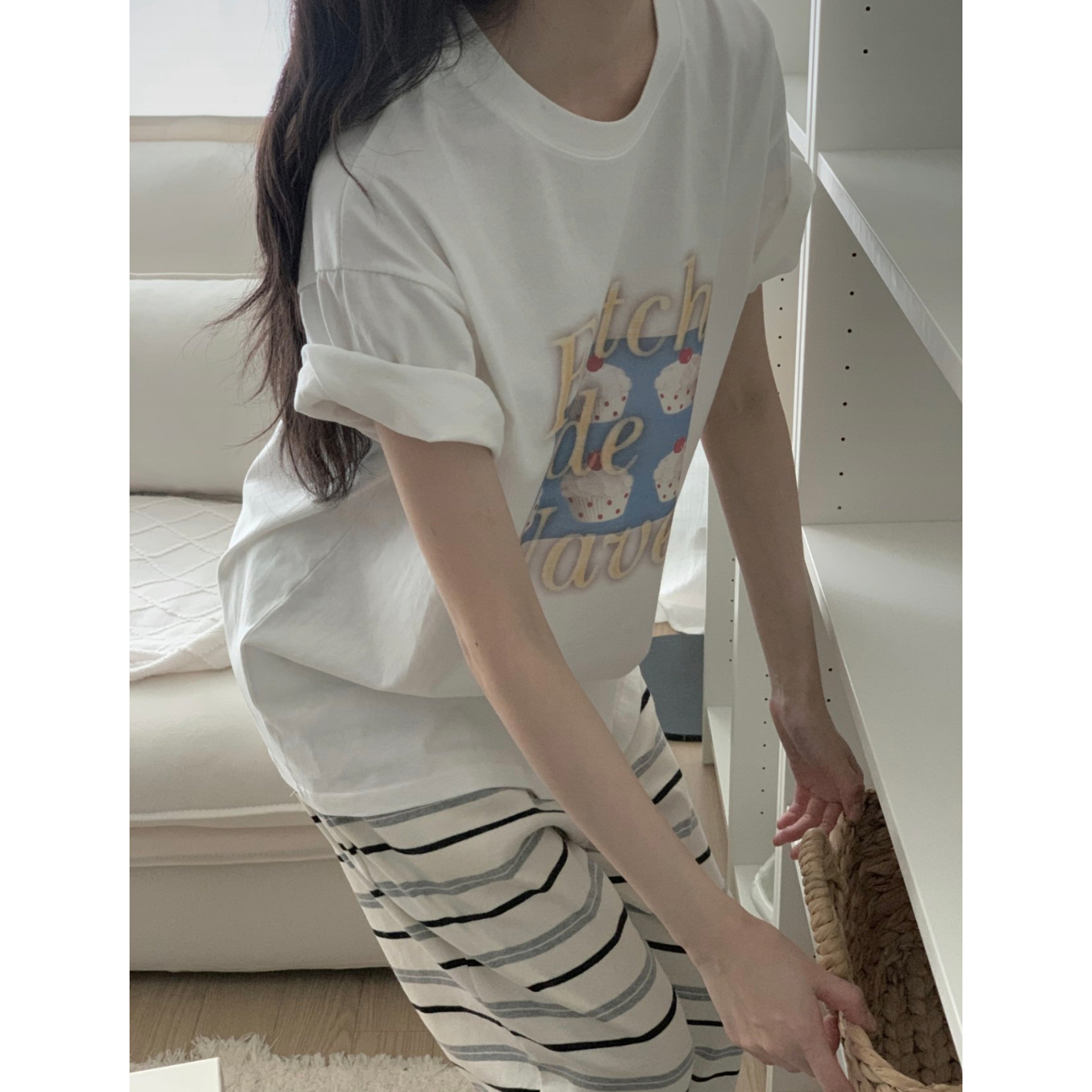 컵케이크 포토 나염 반팔 루즈핏 박스티
