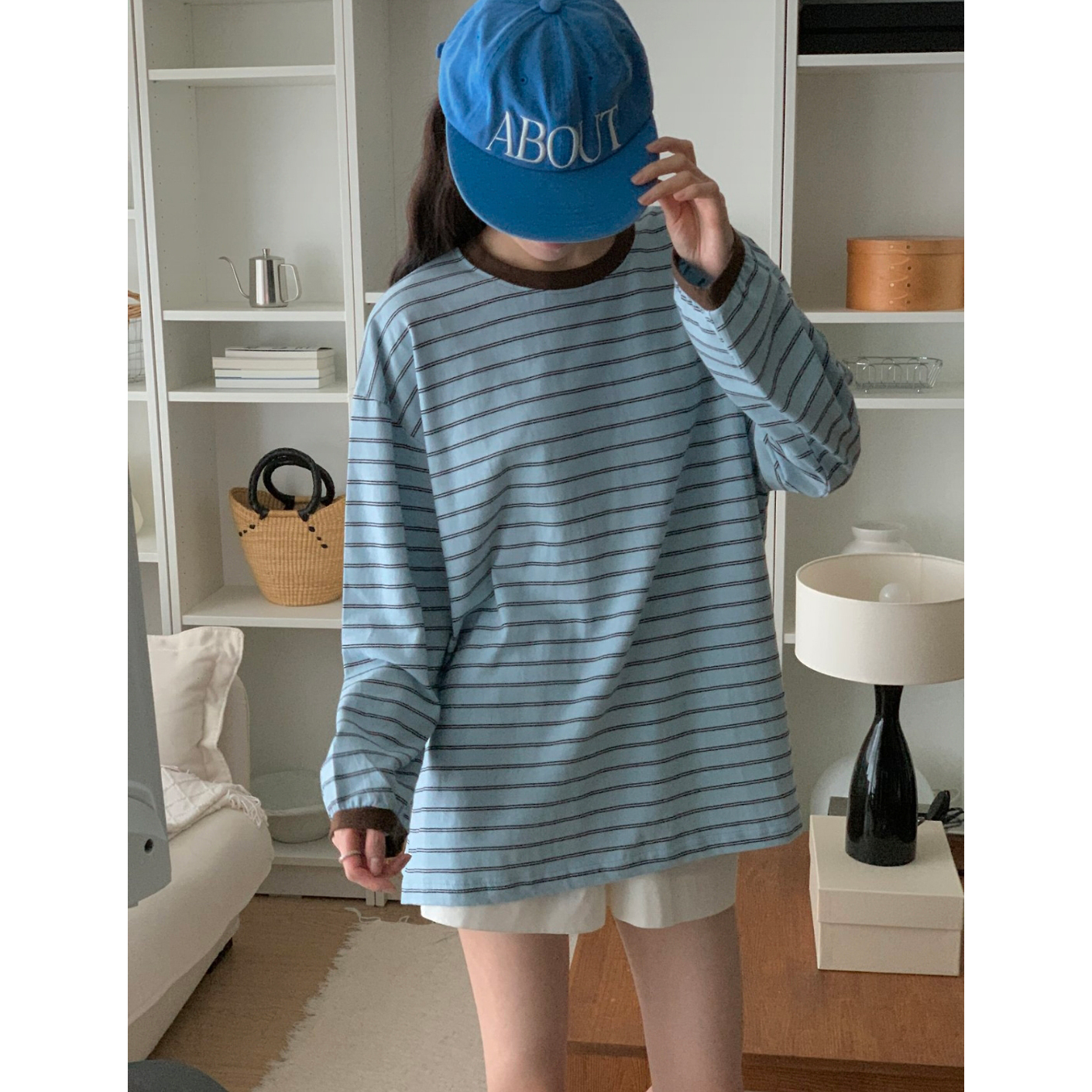 캐주얼 배색 단가라 루즈핏 박스티