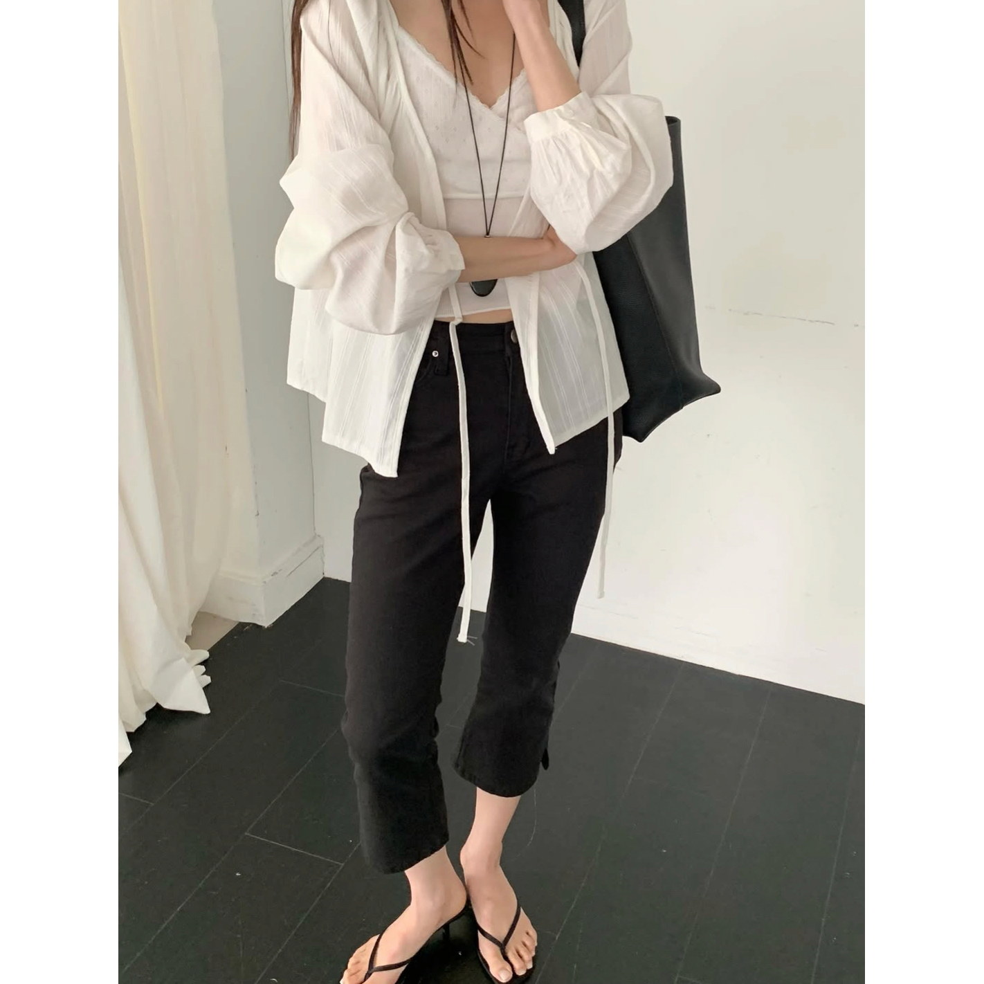 카프리 스판 데님 8부 블랙진 화이트진