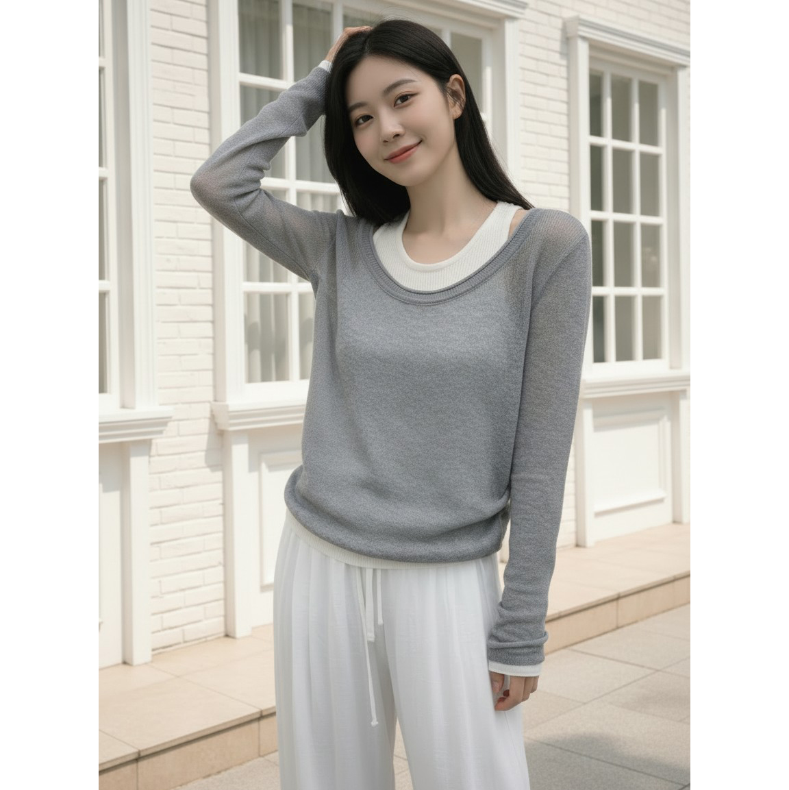 포이 홀터넥 레이어드 긴팔 니트