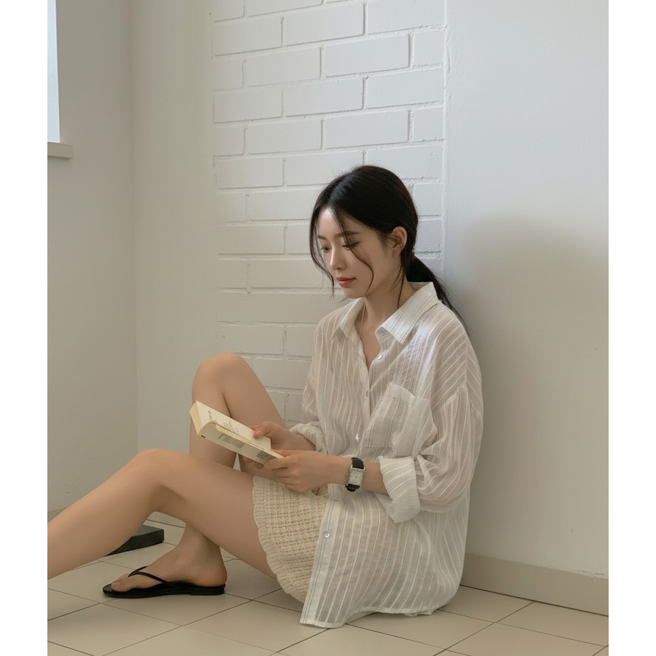 리피 여름 긴팔 스트라이프 시스루 셔츠 남방 살안타템