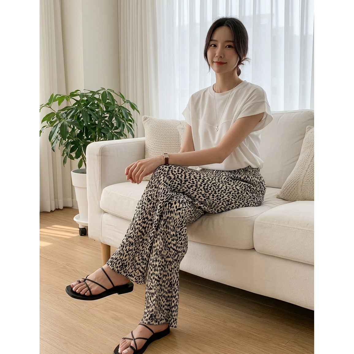 레오파드 플리츠 밴딩 호피 와이드 통바지