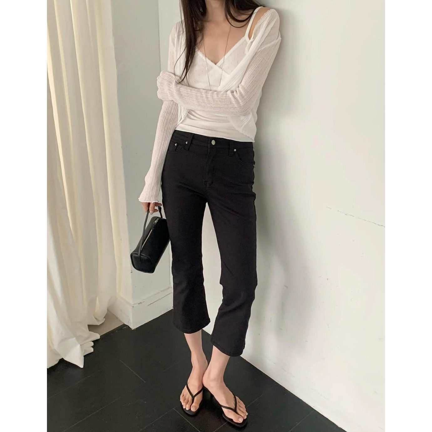 카프리 스판 데님 8부 블랙진 화이트진