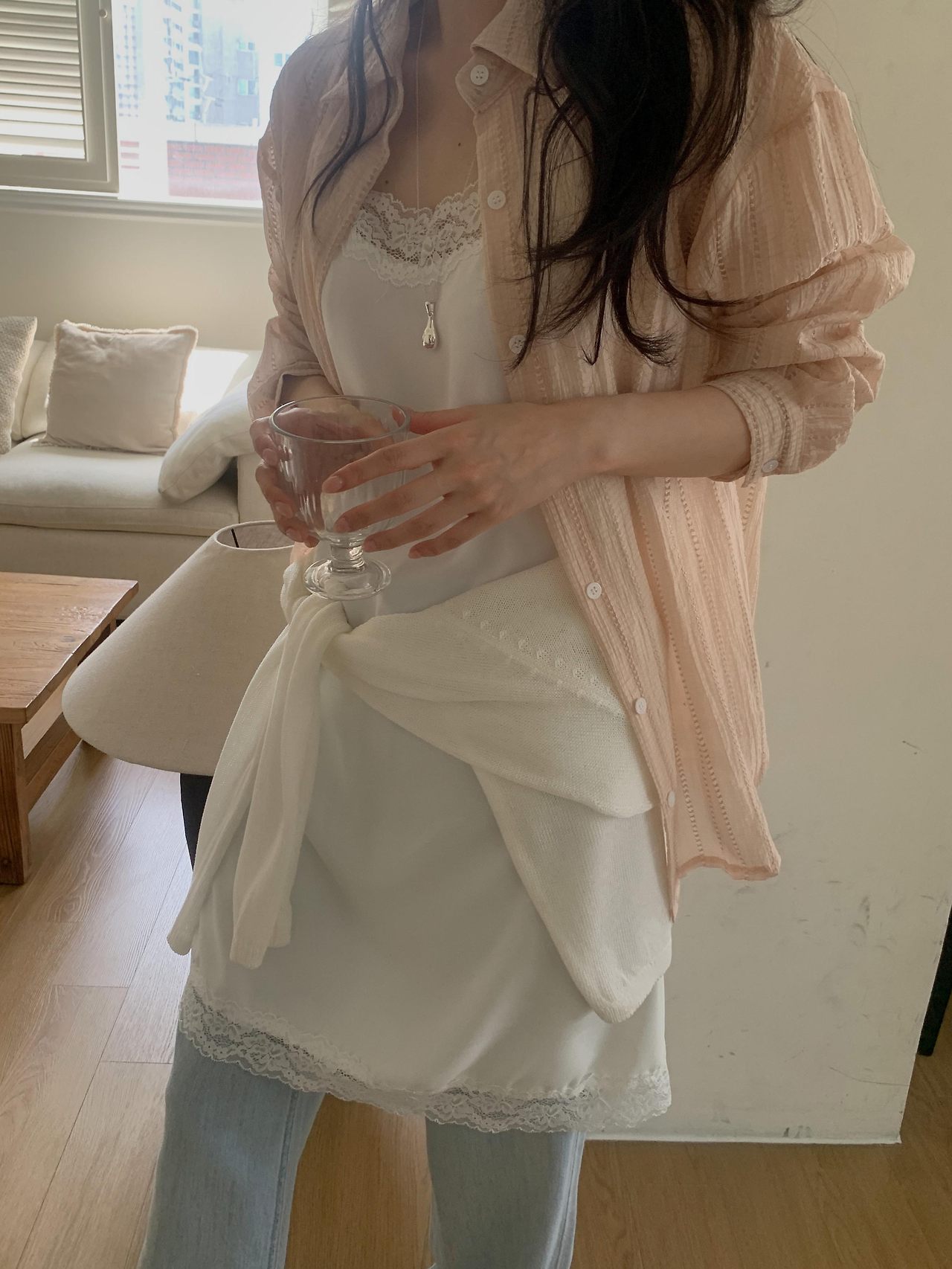 포모 여름 긴팔 시스루 펀칭 루즈핏 셔츠 살안타템