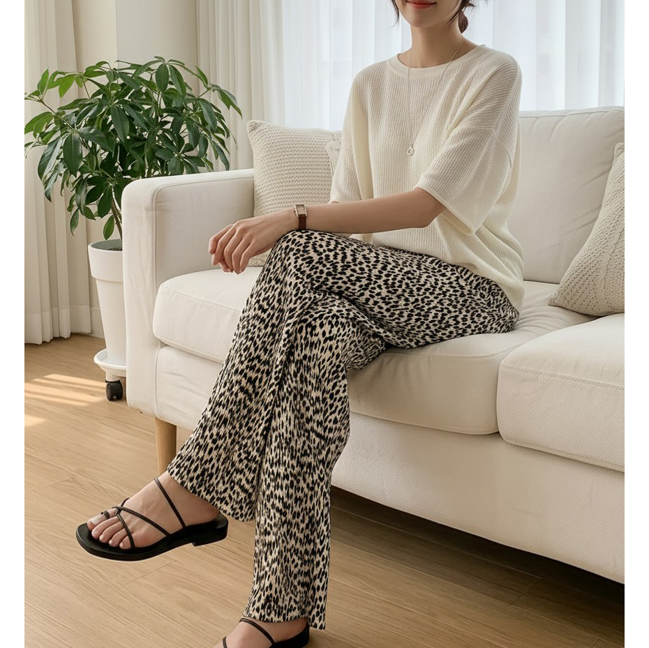 레오파드 플리츠 밴딩 호피 와이드 통바지