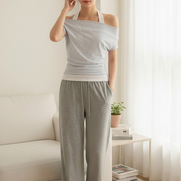 모리 홀터 나시 레이어드 셔링 오프숄더 티셔츠