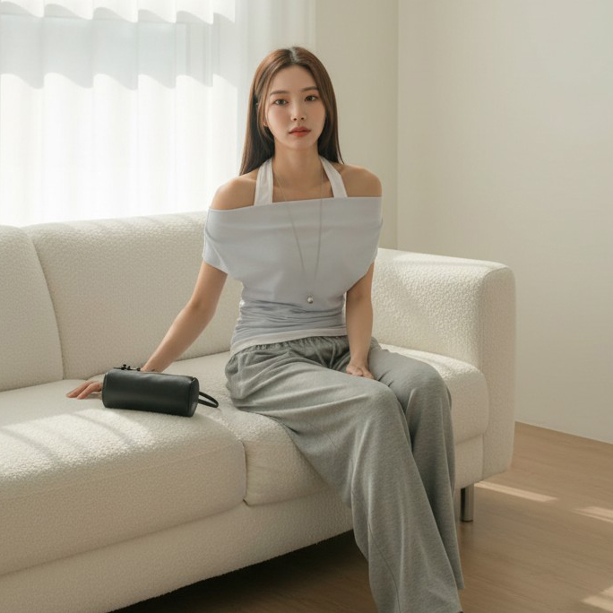 모리 홀터 나시 레이어드 셔링 오프숄더 티셔츠