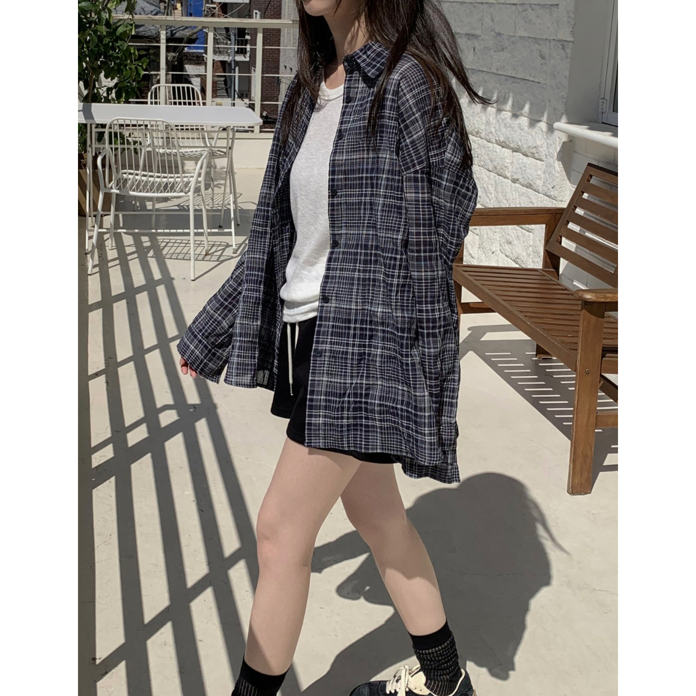 레이크 여름 긴팔 루즈핏 체크 셔츠 살안타템