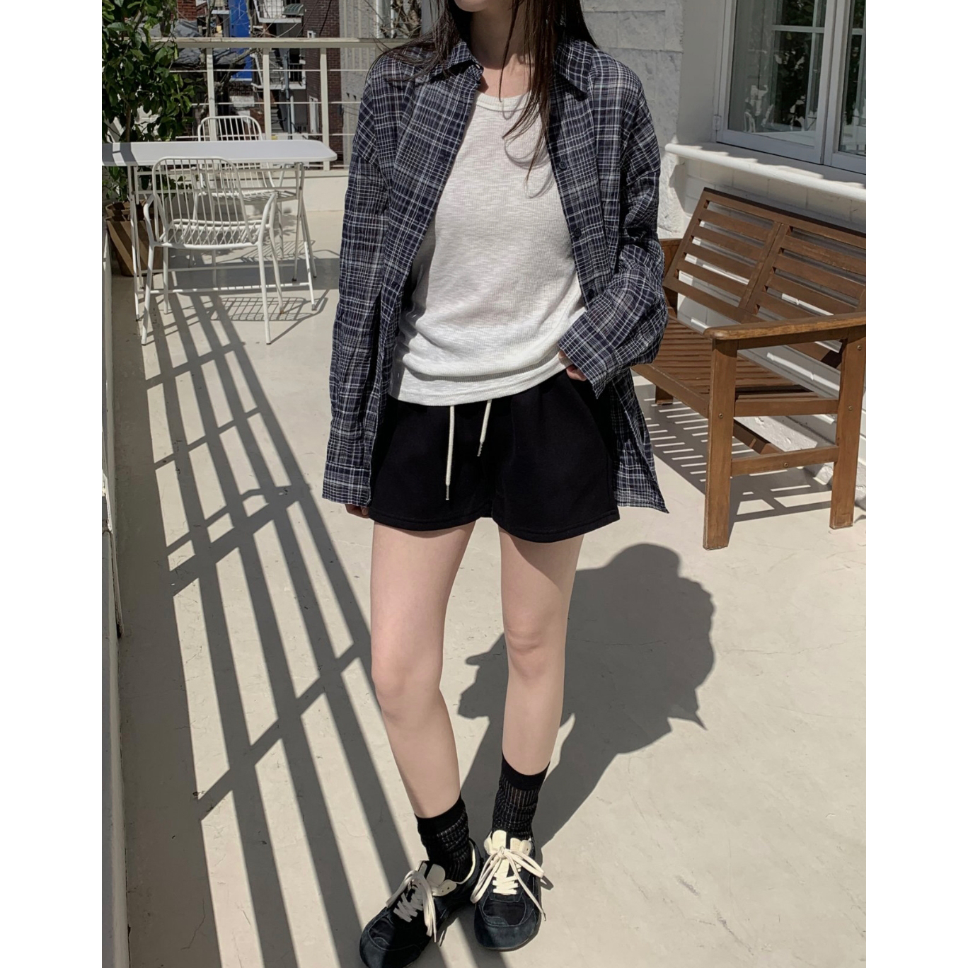 레이크 여름 긴팔 루즈핏 체크 셔츠 살안타템