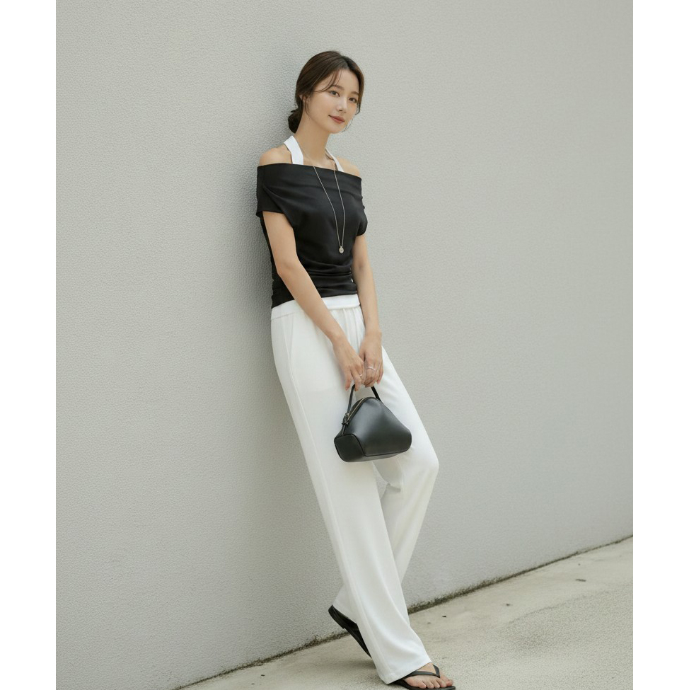 모리 홀터 나시 레이어드 셔링 오프숄더 티셔츠