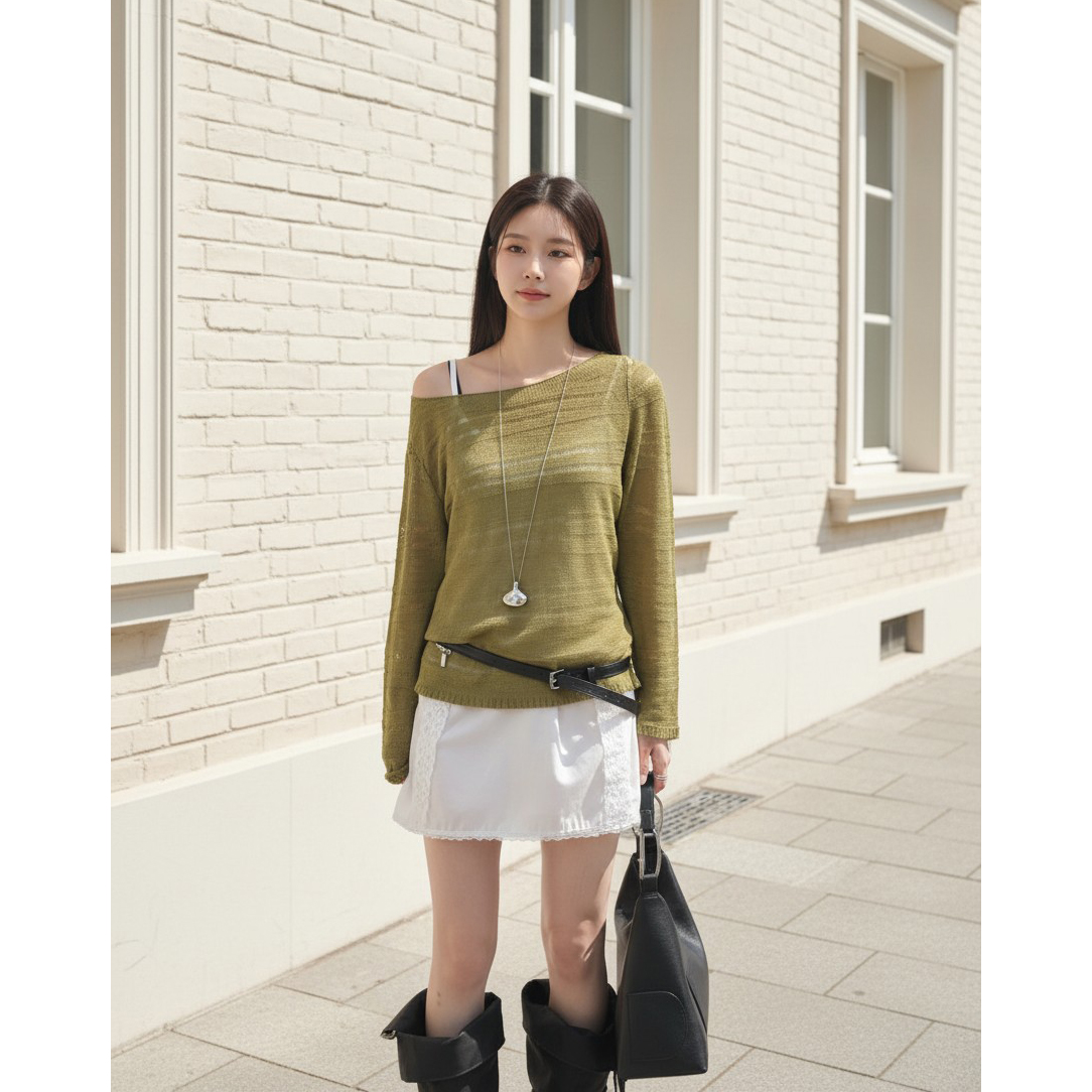 스카이 시스루 보트넥 레이어드 니트