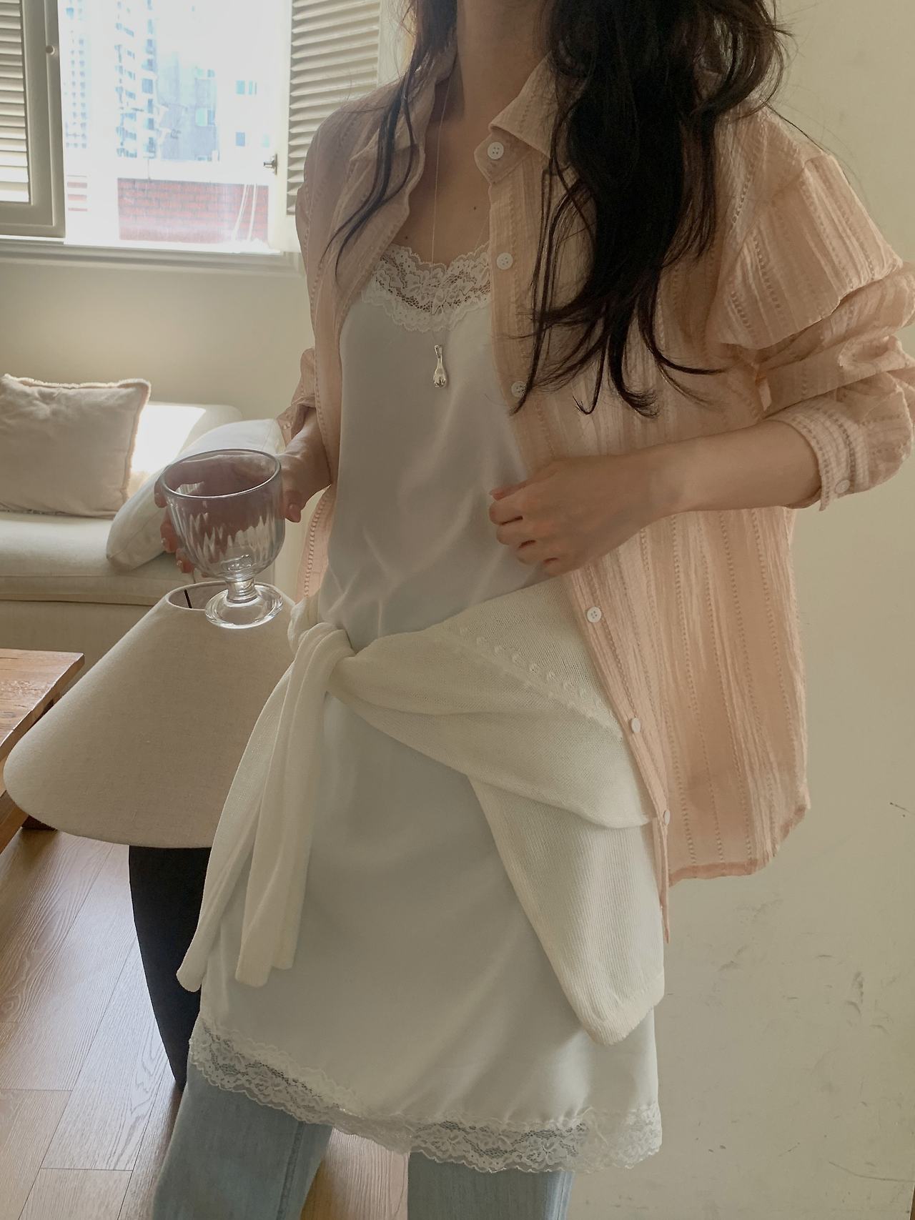 포모 여름 긴팔 시스루 펀칭 루즈핏 셔츠 살안타템