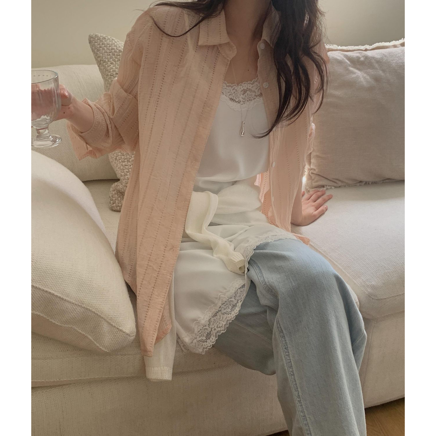 포모 여름 긴팔 시스루 펀칭 루즈핏 셔츠 살안타템