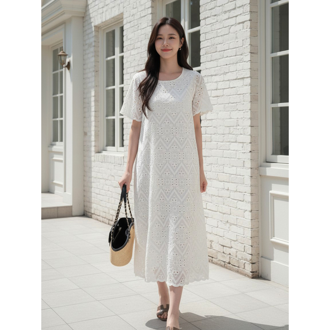에이미 에이라인 반팔 코튼 펀칭 원피스