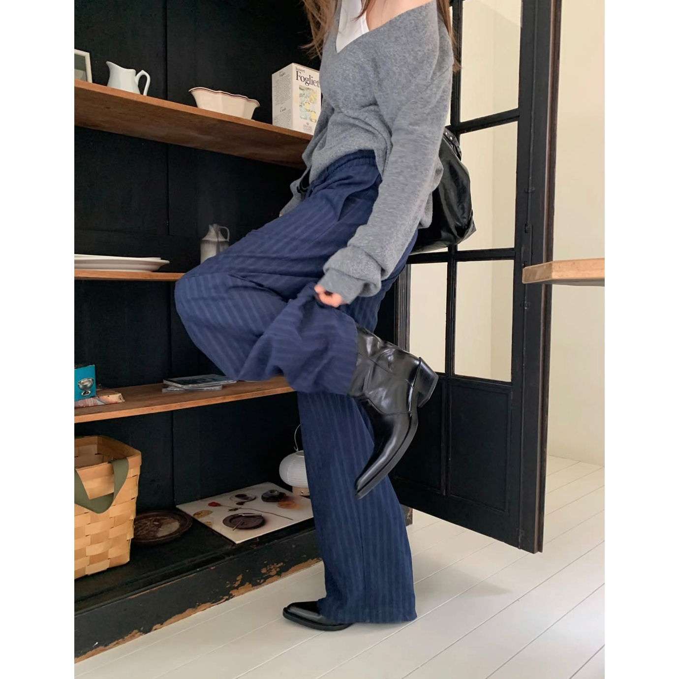 페루 헤링본 스트라이프 와이드 팬츠