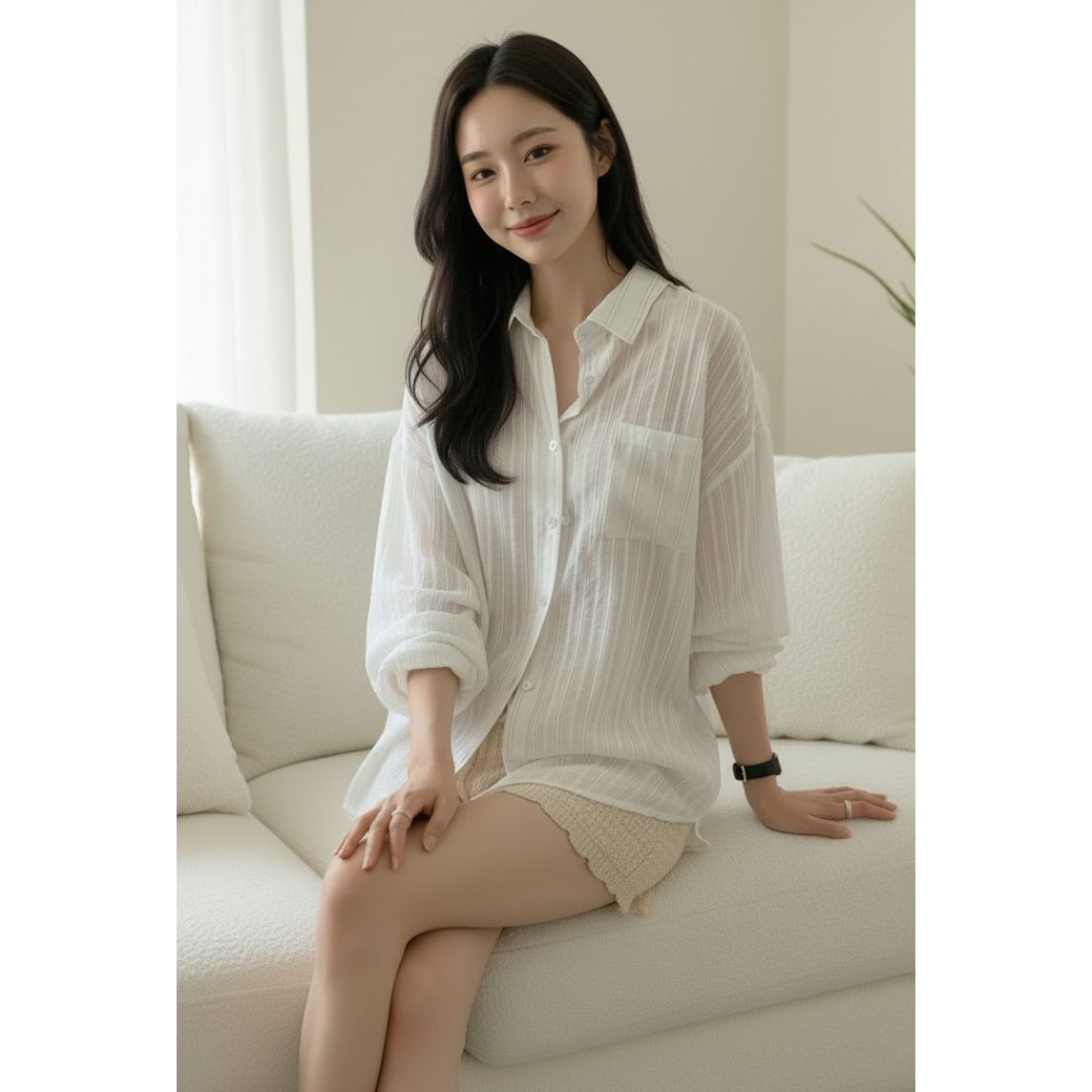 리피 여름 긴팔 스트라이프 시스루 셔츠 남방 살안타템