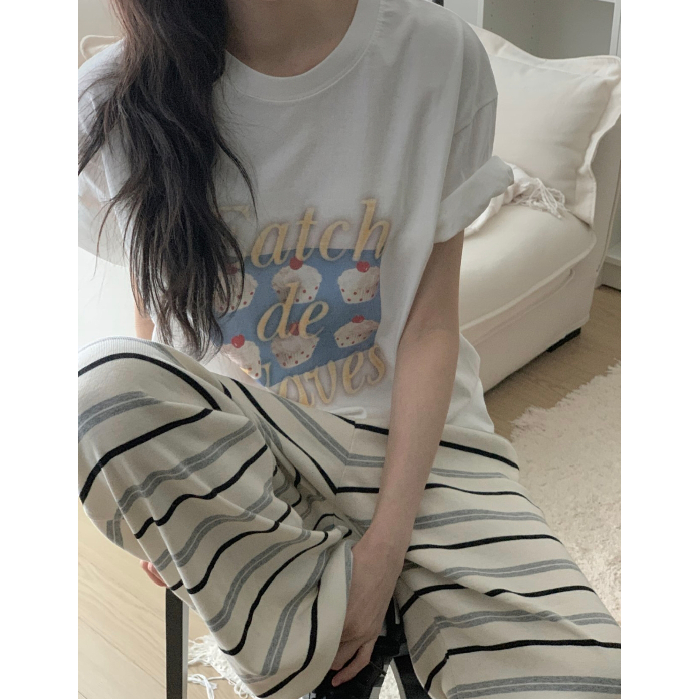 컵케이크 포토 나염 반팔 루즈핏 박스티