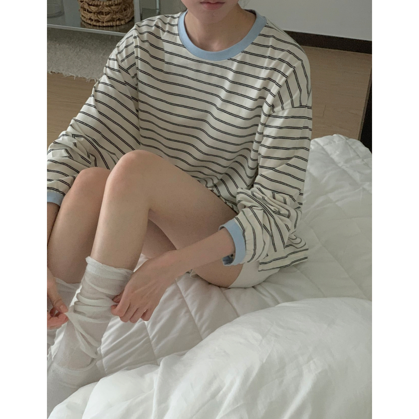 캐주얼 배색 단가라 루즈핏 박스티