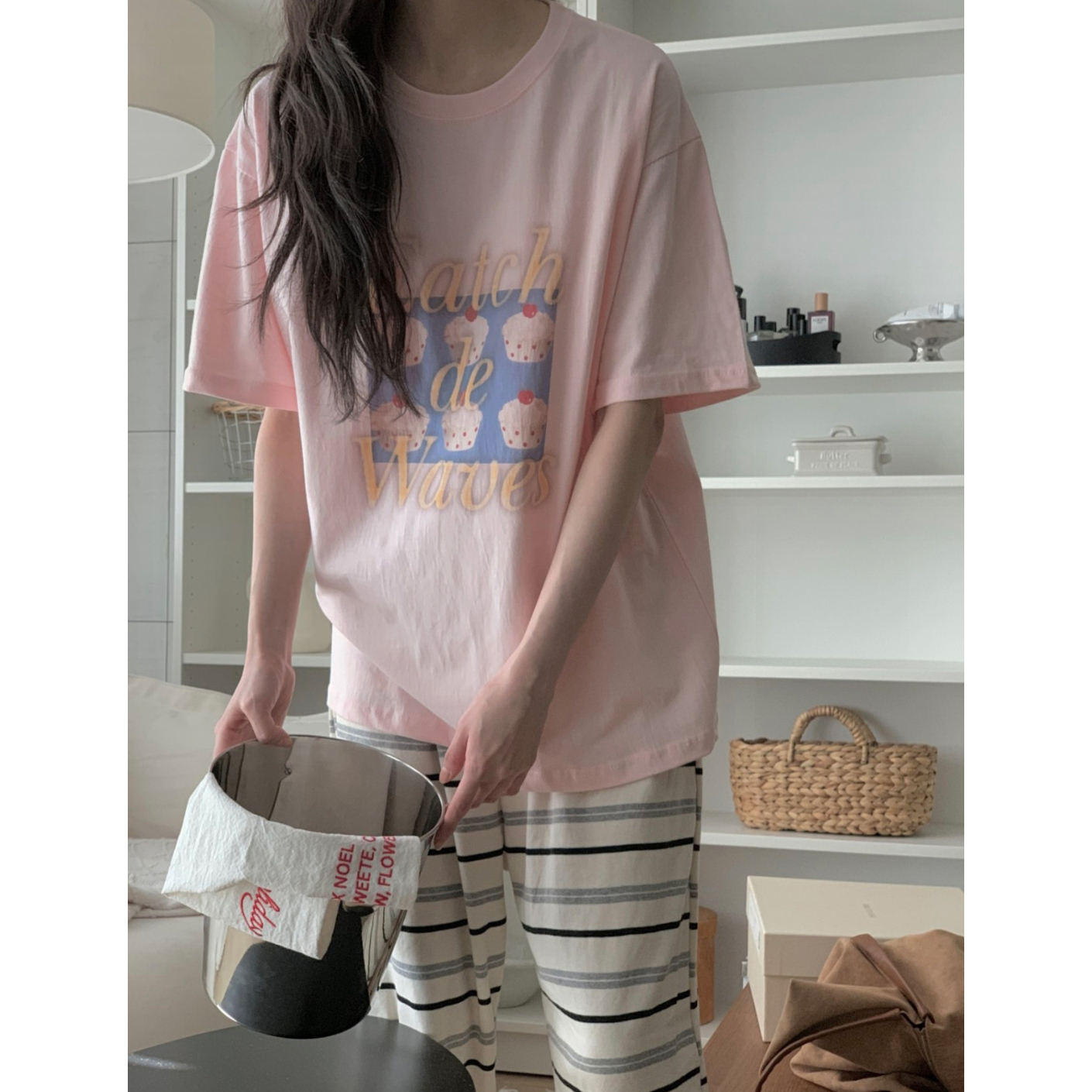 컵케이크 포토 나염 반팔 루즈핏 박스티